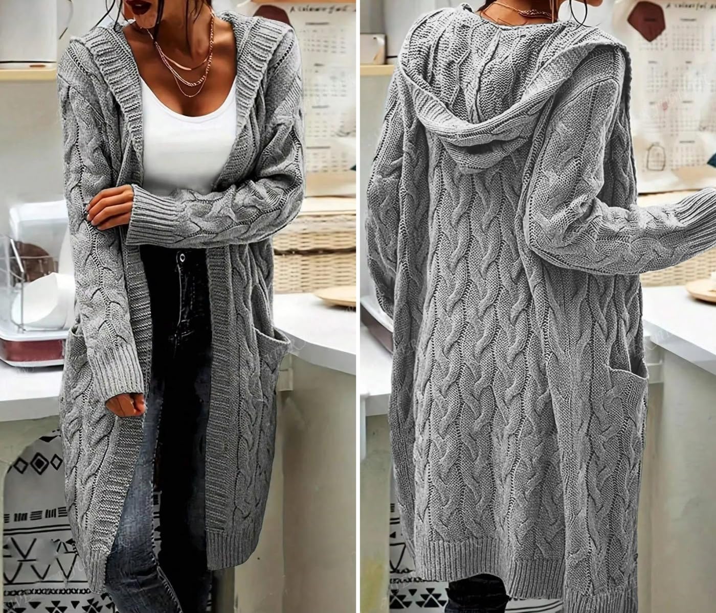 Gilet Long À Capuche pour Femme Manches Longues Grosse Maille Ouvert sur Le Devant Pull Décontracté Veste Unie Idéale pour La Mi Saison Automne Hiver et Le Quotidien.