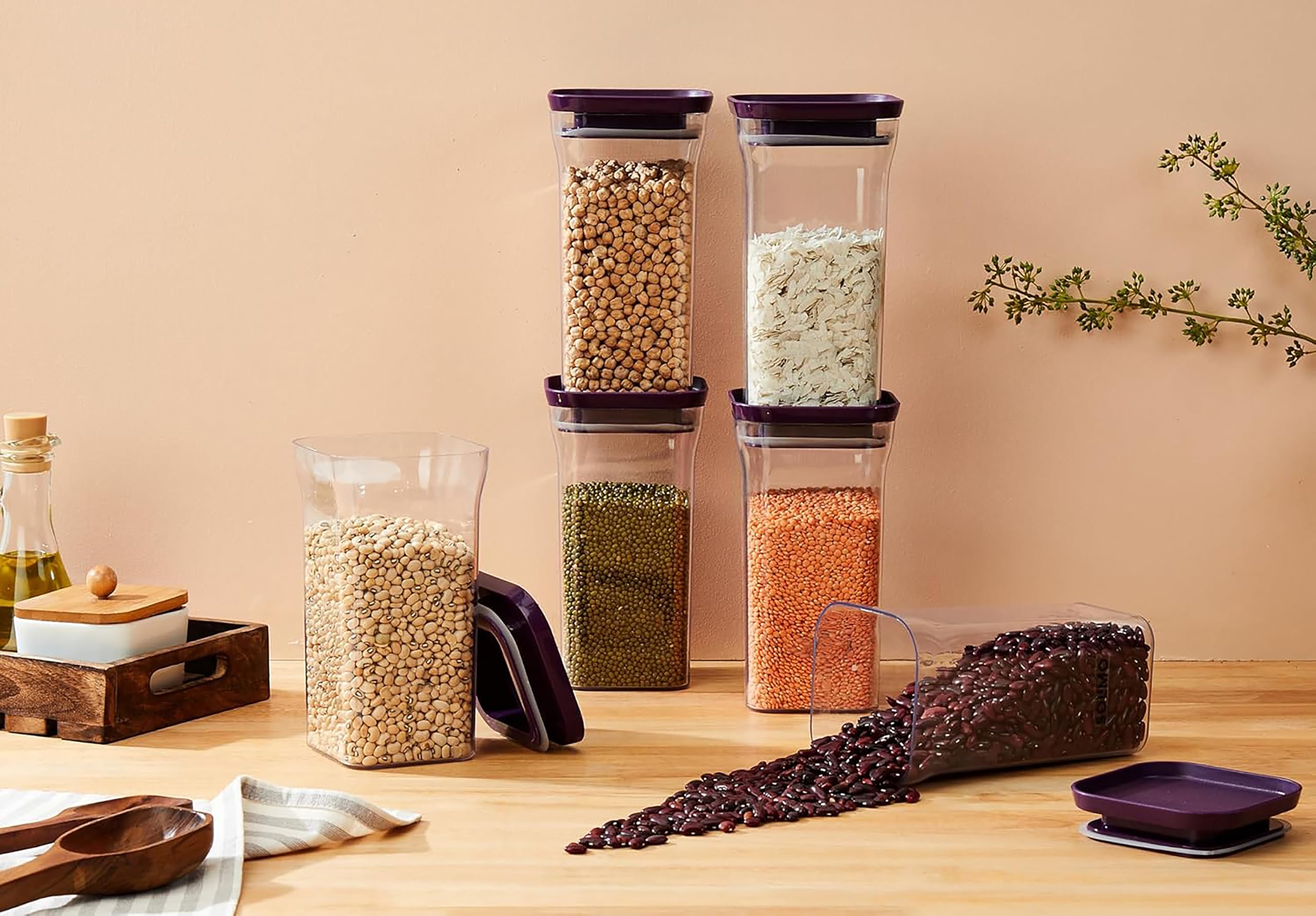 Homeor Lot de 6 bocaux de rangement et récipients en plastique hermétiques et sans BPA empilables pour cuisine - Lot de 6 récipients de cuisine polyvalents - 1100 ml chacun - Violet