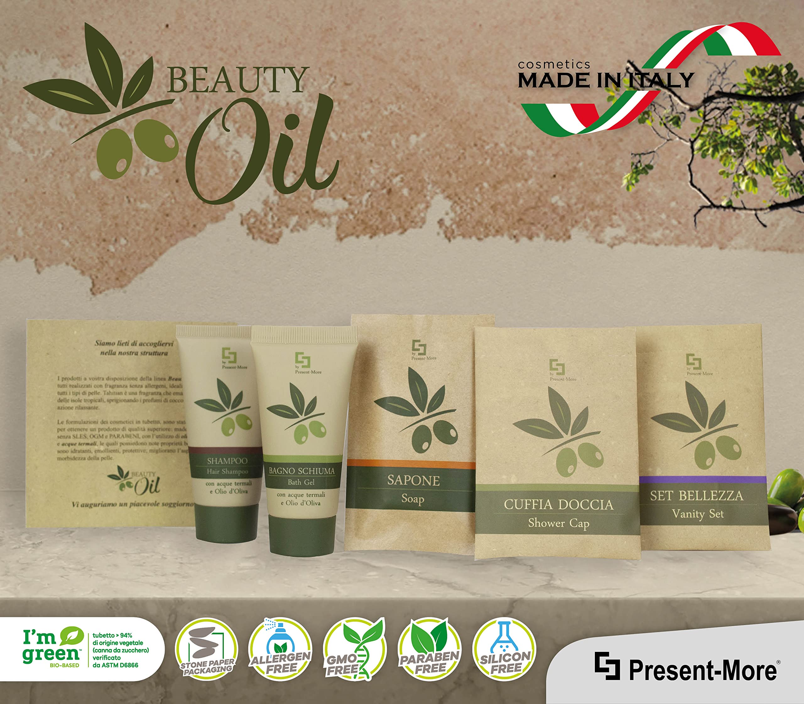 PRESENT-MORE - Set Cortesia 35 Ospiti Beauty Oil - Fragranza Tahitian - Contiene: Shampoo, Gel Doccia, Sapone, Cuffia e Vanity - Made in Italy - Per Hotel e B&B