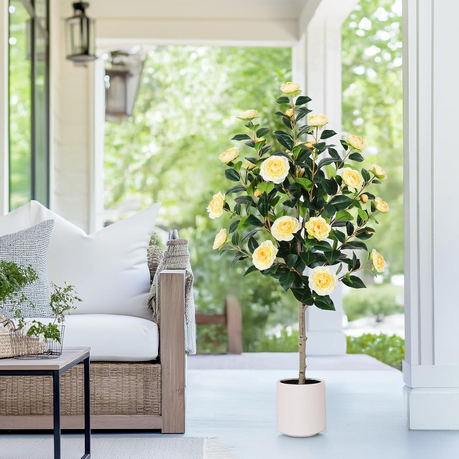 Yepdin 47"Artificial Camellia Tree with White Flower Pots - Yellow Fake Plants,Faux Floral Tree Blooming Flowers in Decorative Pot,Artificial Plants for Home Front Door Decor Indoor & Outdoor