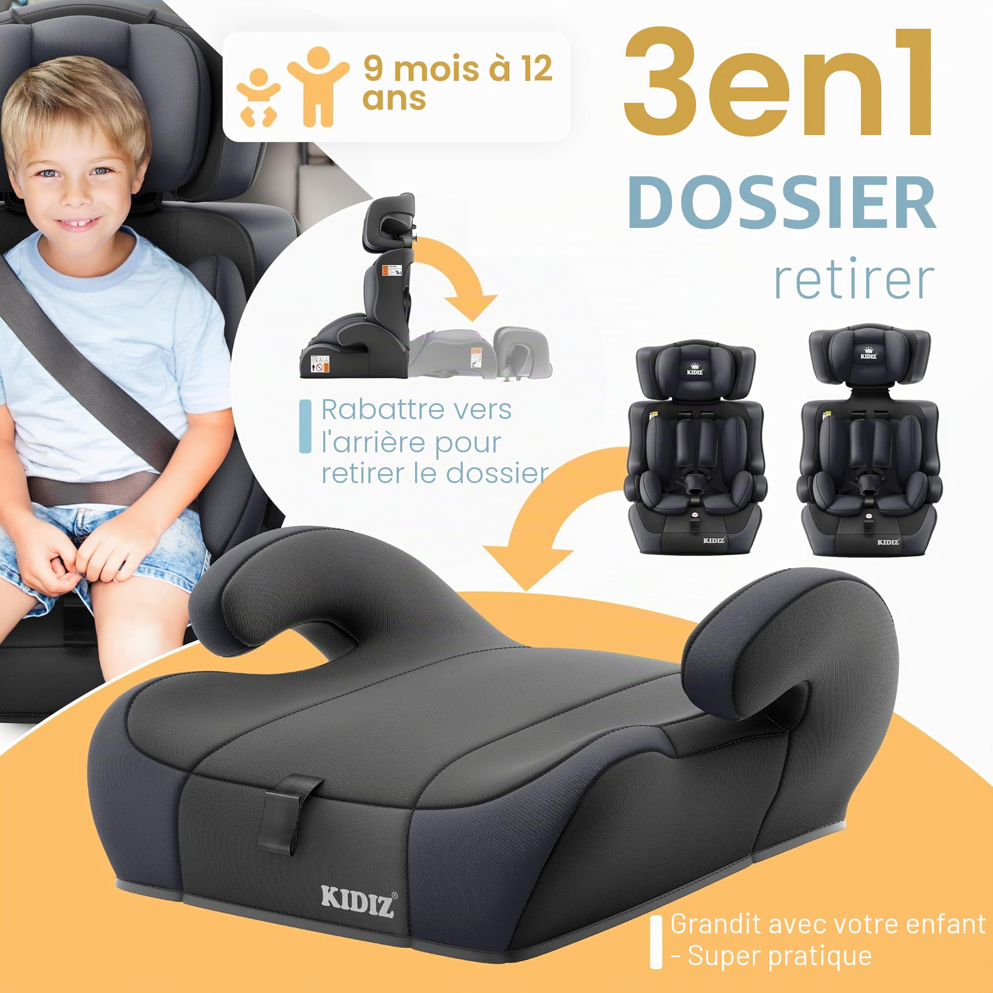 KIDIZ® i-Size R129 Siège auto pour enfant de 100 à 150 cm jusqu'à 12 ans, groupe 1/2/3 sans Isofix, siège enfant qui grandit avec le temps, ceinture 5 points et appuie-tête réglable en hauteur