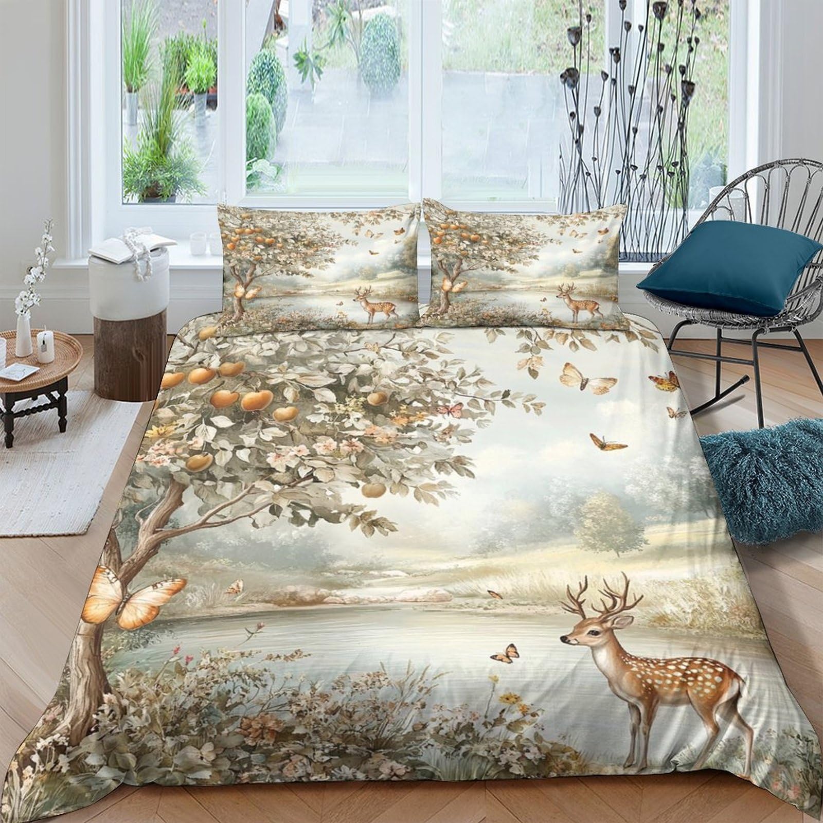 Ctjqhvkz Style-4 3D Printed Forest Deer Fitted Sheet Microfiber Soft Brown Woodland Landscape Bed Cover For Bedroom Decor Single（135X200cm）