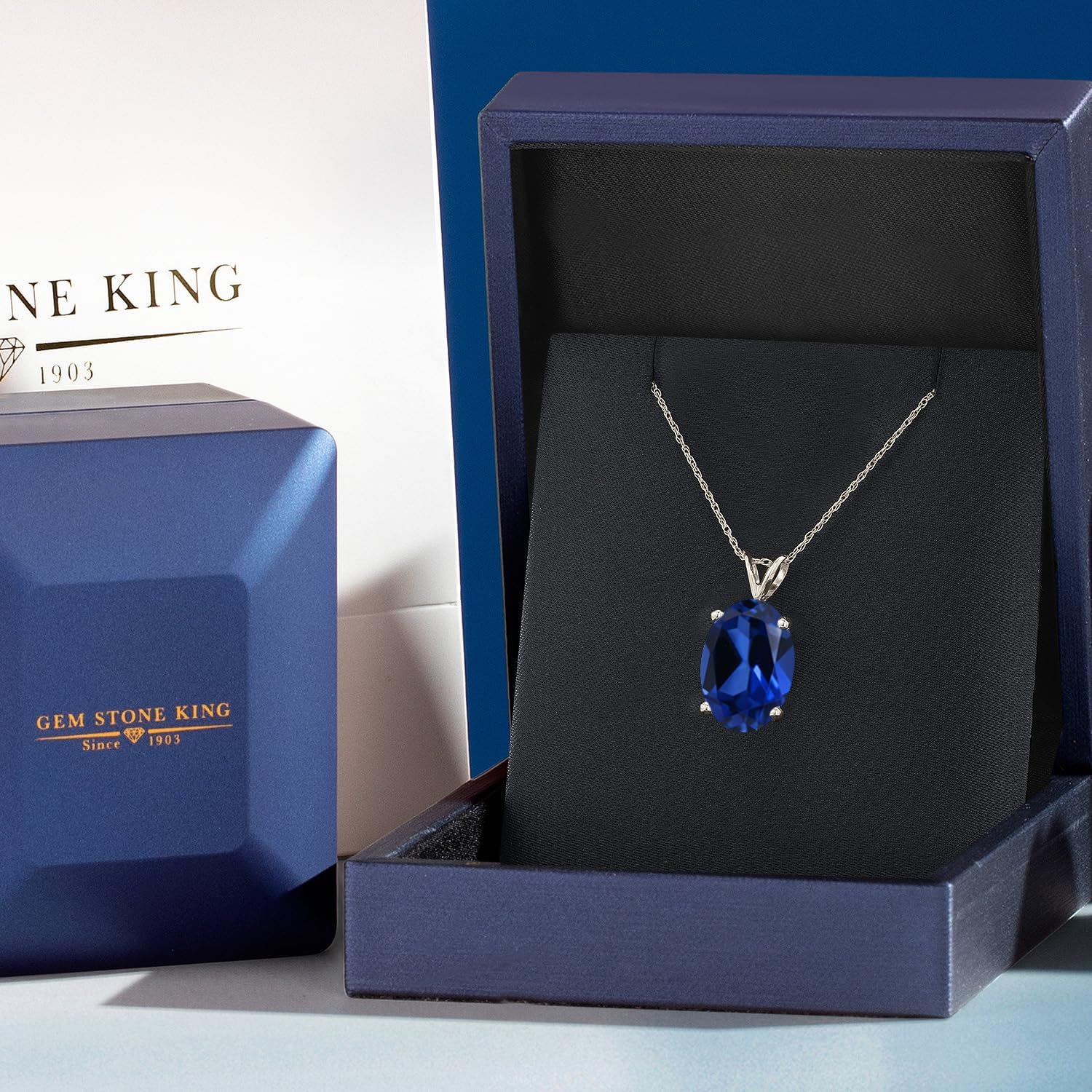 Gem Stone King 14K White Gold Blue Created Sapphire Pendant Necklace for Women | 6.00 Cttw | Gemstone September Birthstone | Oval 14X10MM | With 18 Inch Chain - Image 5