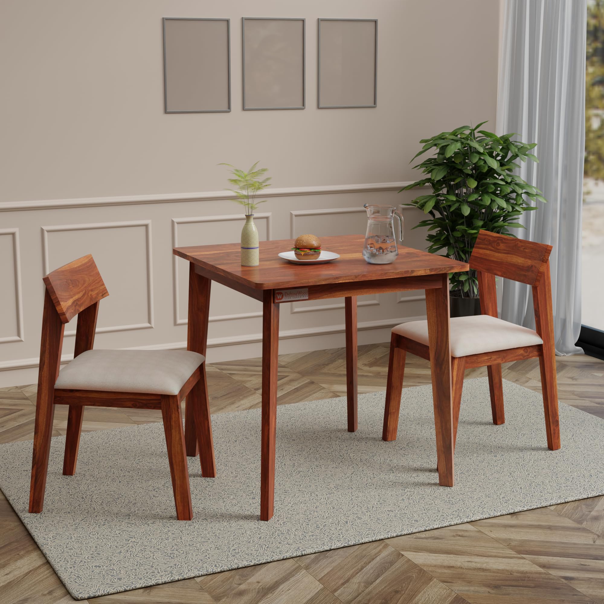 DRIFTINGWOOD Liana 2-Seater Sheesham Wood Dining Table Set � in Natural Honey Finish with Table & 2 Cushioned Chairs � Ideal for Small Kitchens & Compact Living Spaces � Assembly Required (Beige)