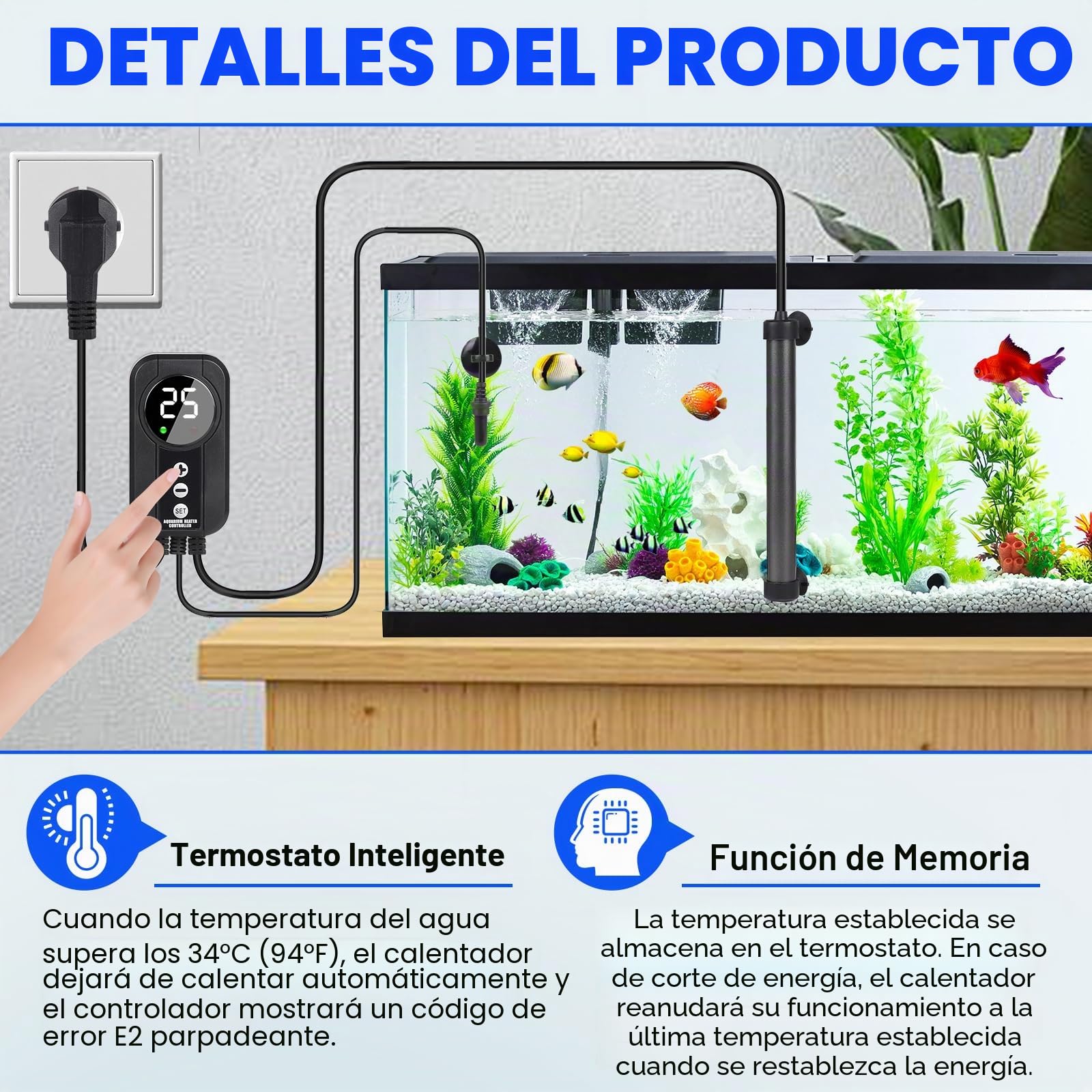 EXLECO Calentador Acuario Tubular de Titanio de 300 W con Controlador de Pantalla LED y Sensor de Temperatura, Calentador de Acuario de Temperatura Ajustable, Adecuado para Peceras de 100-120 L