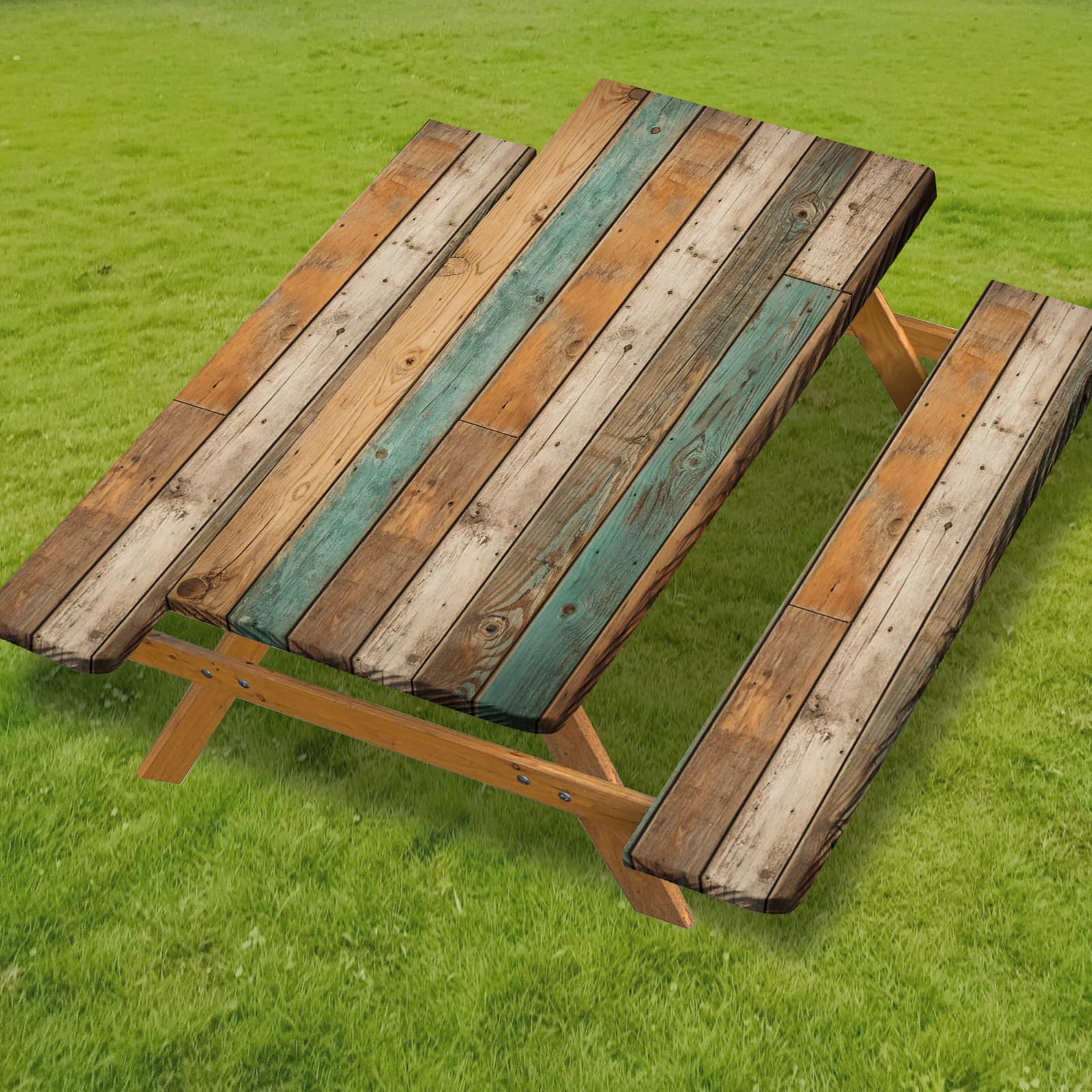 Funda de mesa de picnic ajustada con fundas de banco, funda de mesa de picnic al aire libre, 3 piezas, 8 pies, impermeable, elástico en todo el contorno, imitación de grano de madera, para picnic al