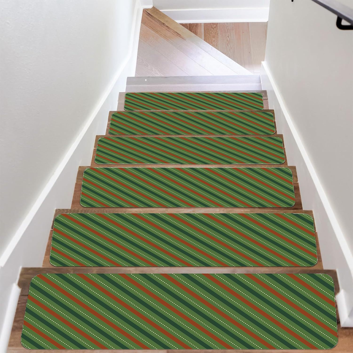 Odot Tapis Escalier,Imprimé Géométrique Tapis Escalier Antidérapant, Muet Moquette Escalier Lavable en Machine, Marchettes d'Escalier, pour Enfants, Aînés et Animaux (15 Pièce,Vert)