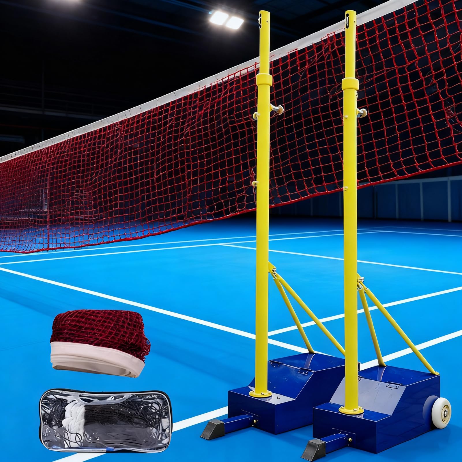Rete 2 in 1 per Pallavolo E Badminton, Rete di Pallavolo Robusta con Palo per Cortile, Altezza Regolabile 1,55m-2,07m, Rete Sportiva Portatile per Interno/Esterno con Ruote