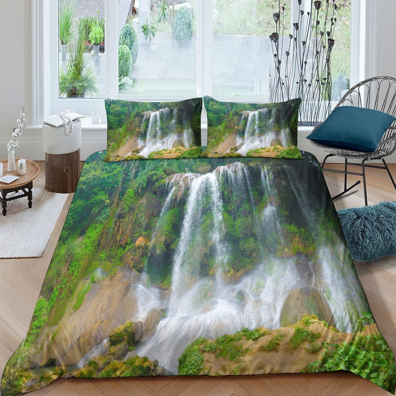 Ctjqhvkz Style-6 3D Printed Waterfall Forest Fitted Sheet Microfiber Soft Mattress Cover Bedroom Decor Dustproof Washable Single（135X200cm）