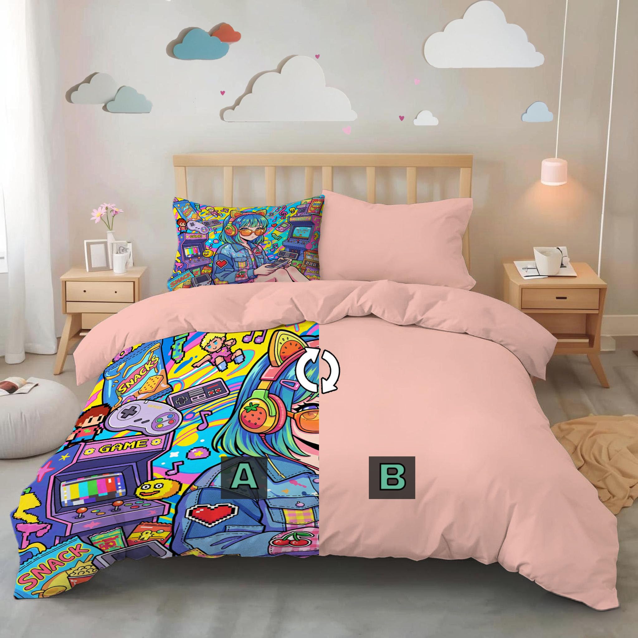 Anime Carini Copripiumino Stampa, Morbida Traspirante Ragazza Dei Videogiochi Retrò Copripiumino Con Cerniera 240 x 220 cm Per Bambini Adulti Set Di Biancheria Da Letto Con Federe, Blu