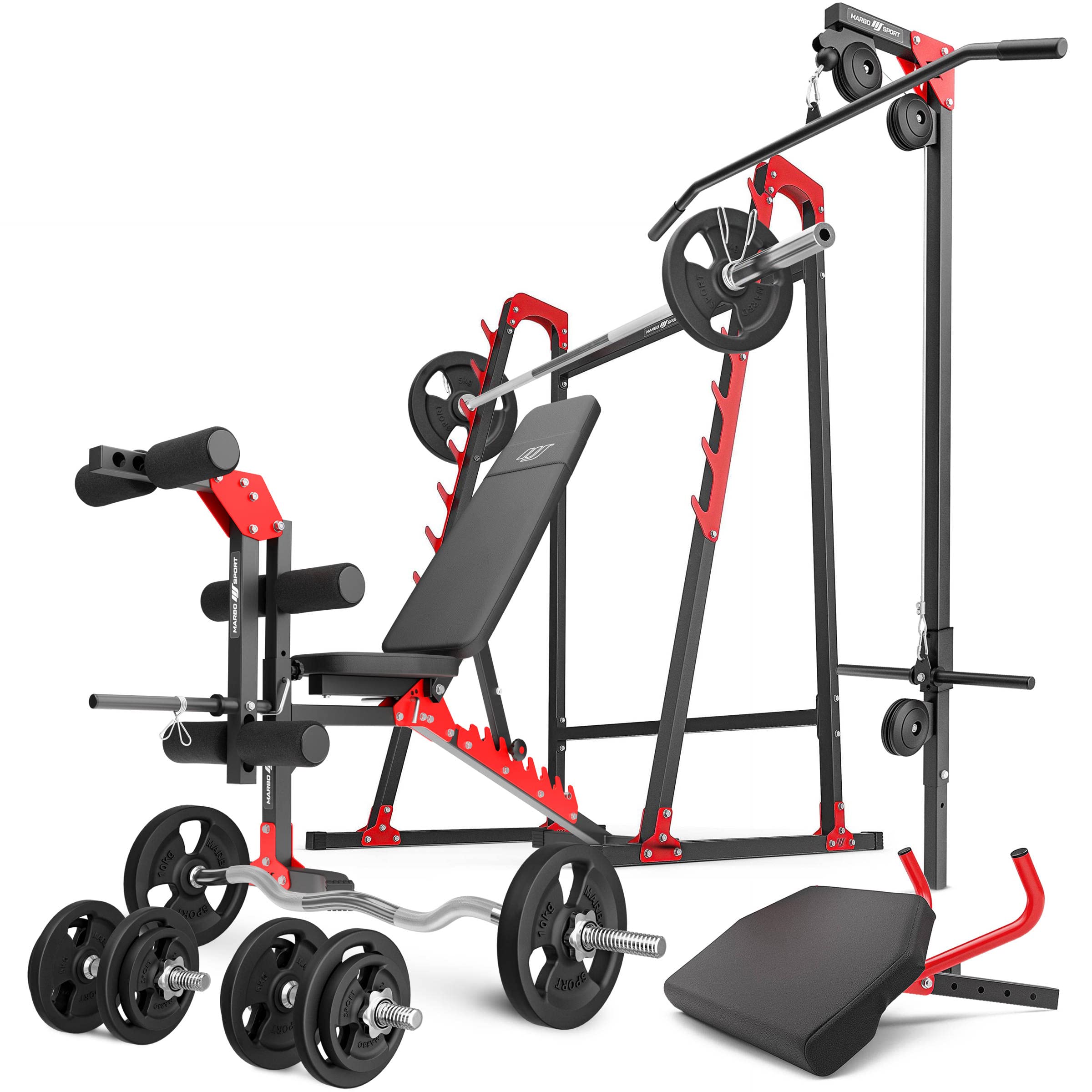 Marbo Sport MH26-Hantelbank, Langehantelständer, Latzug, Curl-Bank, Beintrainer, 1xSZ-Curlstange, 2x Kurzhantelstange, 1x Langhantelstange + Gewichtsscheiben/gummierte Gewichtsscheiben, 83/113 insg.Kg