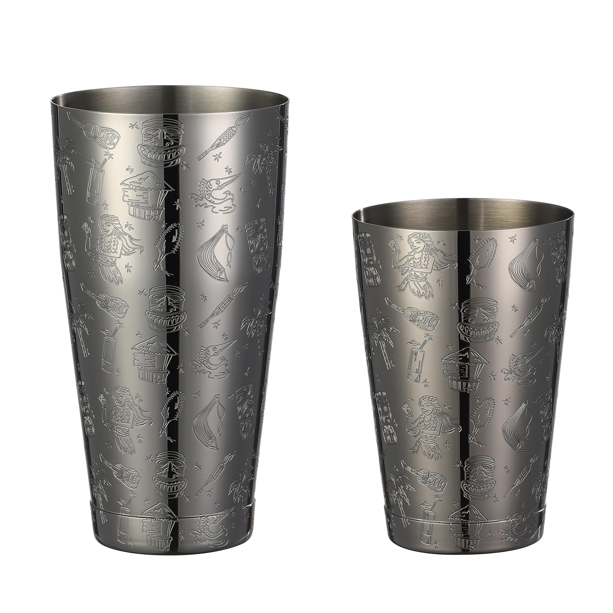 Shaker Boston ponderato per cocktail inciso con immagini Tiki (grafica nera Tiki)