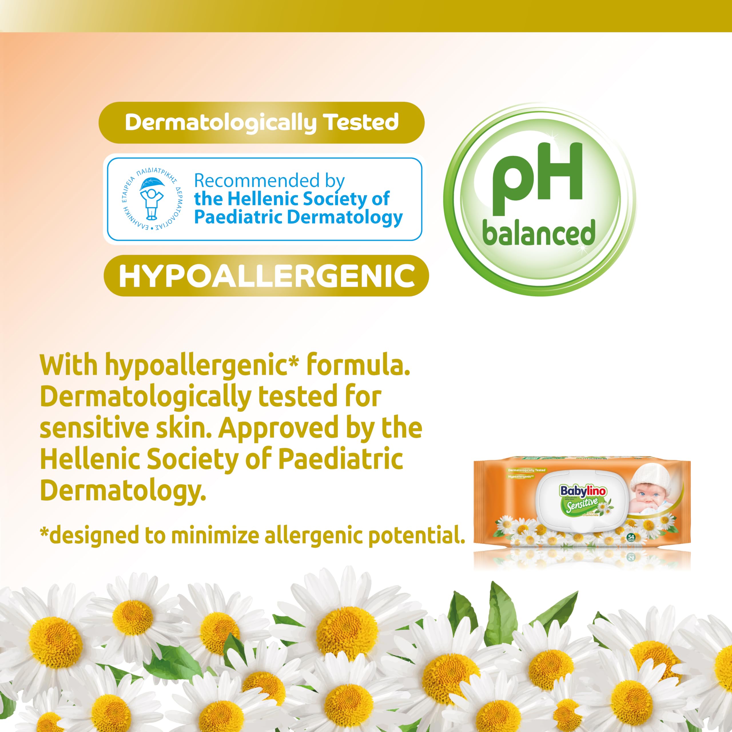 Chusteczki dla niemowląt Babylin Sensitive o delikatnym zapachu rumianku, 98% Naturalna formuła przywracająca PH skóry, 3 opakowania z zamknięciem oszczędzającym świeżość, 162 Chusteczki