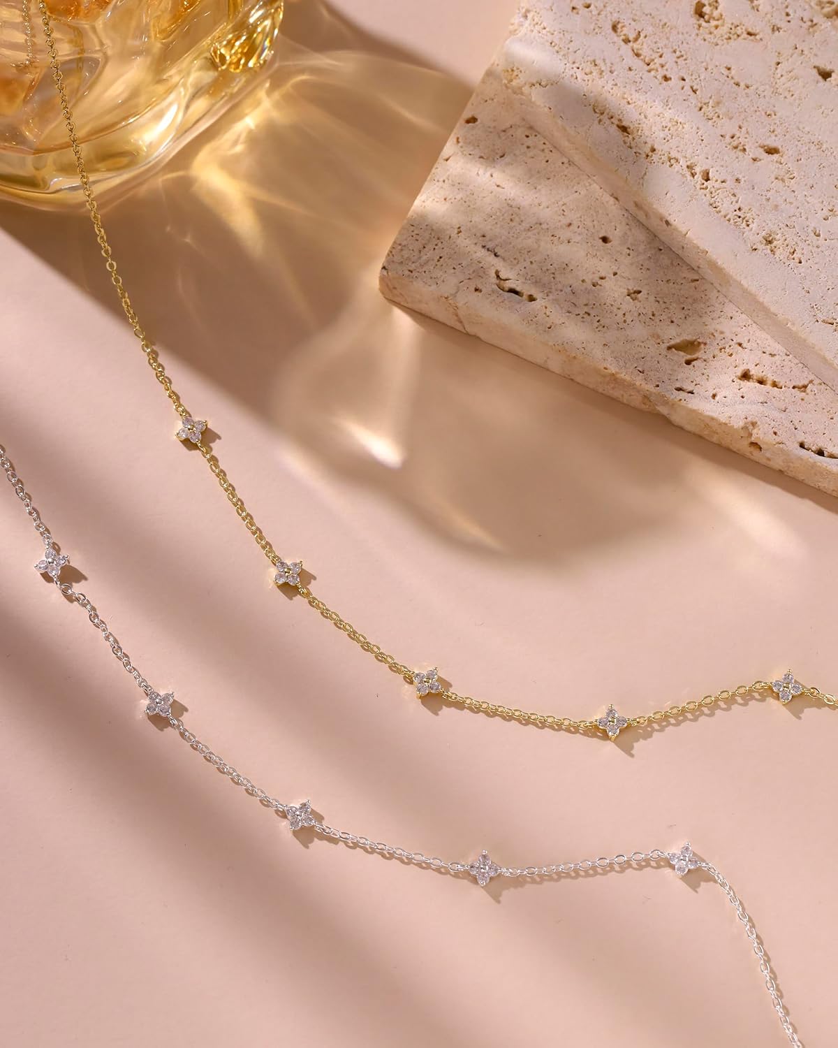 Gold Necklace for Women Non Tarnish, 14K Gold Plated Dainty CZ Clover Marquise Flower Charm Diamond Choker Necklace for Women Trendy Wedding Jewelry - Image 6