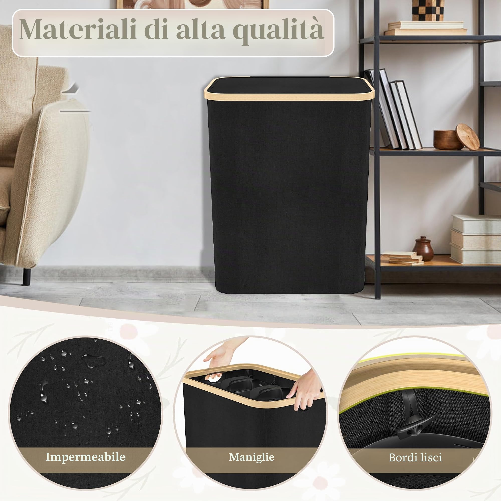 FIVMEN Cesto portabiancheria a 3 scomparti, con coperchio e 3 sacchetti lavabili, in tessuto Oxford, per lavanderia, bagno, 140 l, grigio