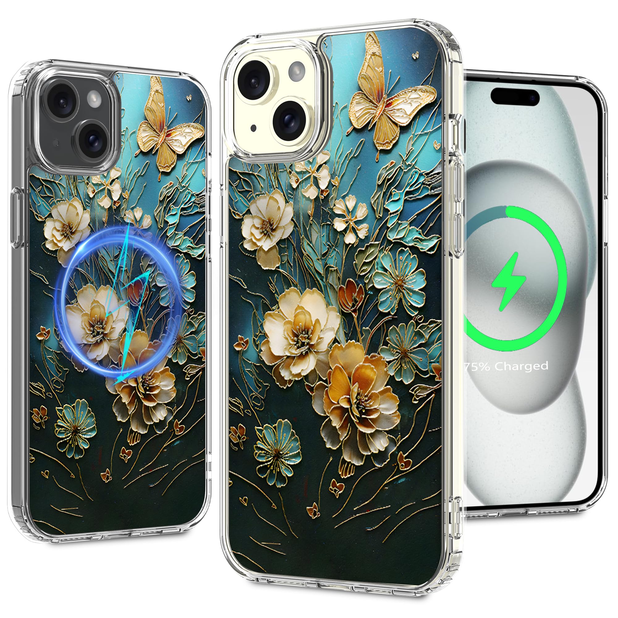 LORYVAN Magnetic Clear Case for iPhone 13/iPhone 14, Floral Pattern Design for Women Girls Slim Shockproof Flower Protective Bumper Non-Yellow MagSafe