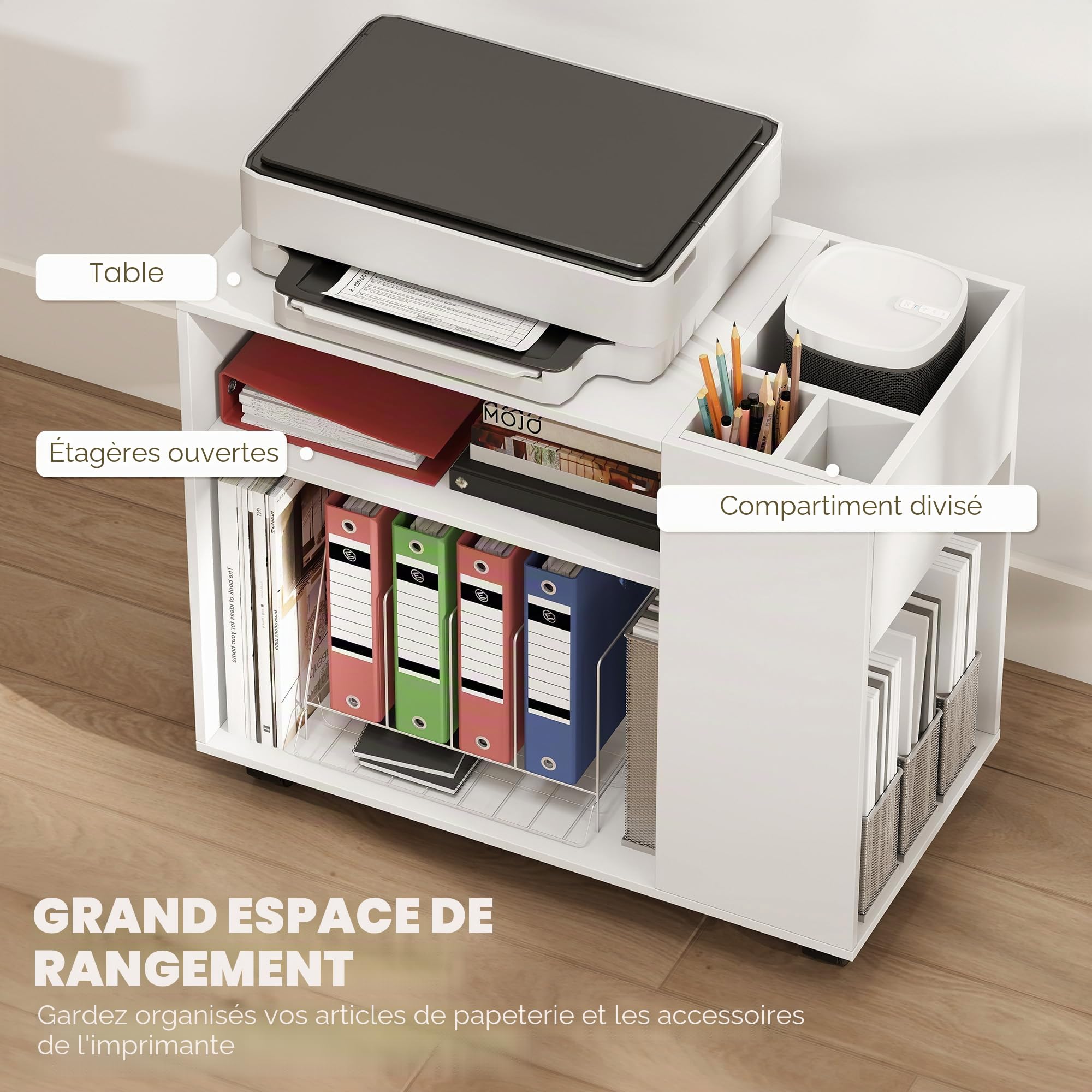 HOMCOM Meuble pour imprimante avec roulettes, meuble de bureau multifonctionnel avec compartiments ouverts, étagère et compartiment, table de chevet pour salon, chambre, bureau et , 70x36x60