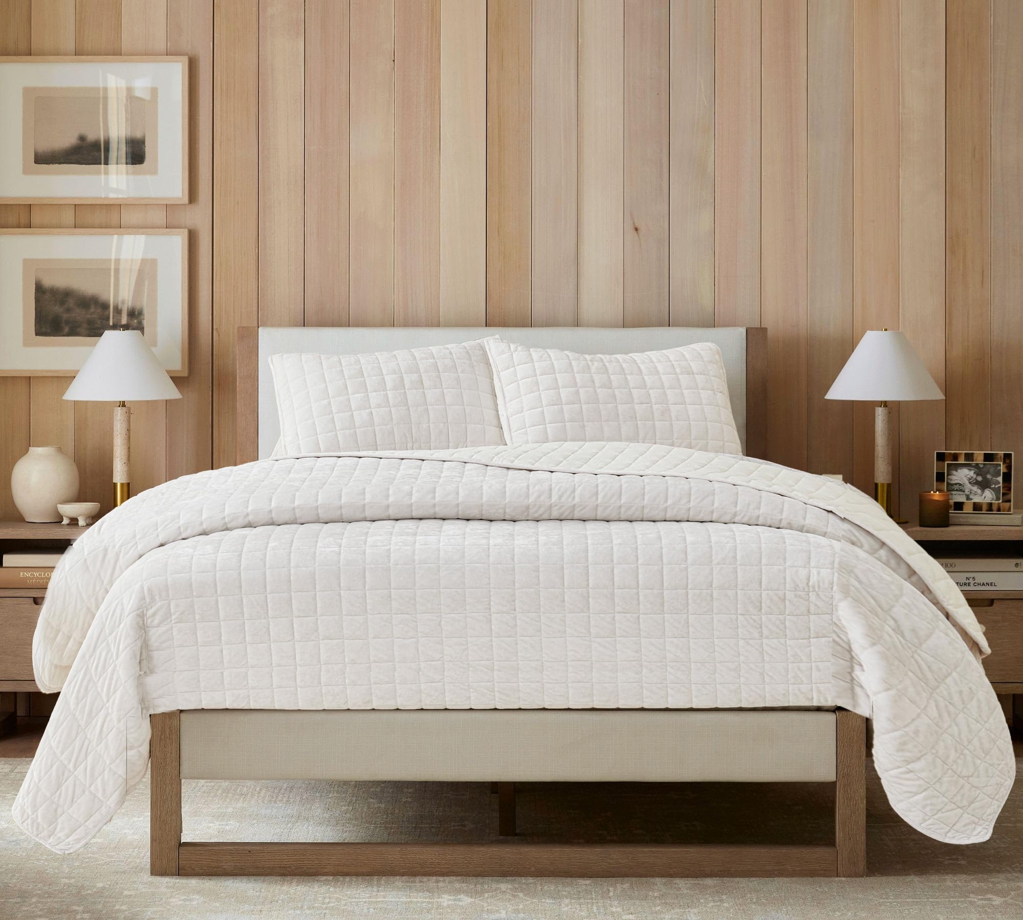 LR Rocaloca Velvet Quilt Oversized King Size 120x128 Luxurious Comforter Ultra Soft Bedding Set Quilted Bedspread Coverlet with 2 Matching Pillow Shams for All Season,Cream White