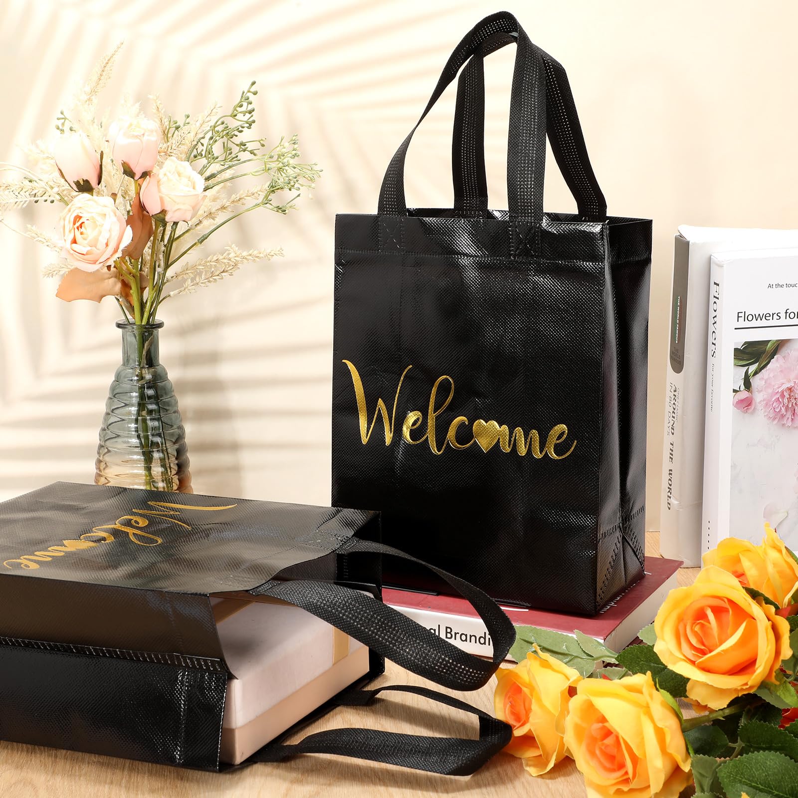 Sweetude 100 bolsas de bienvenida a granel, 10 x 8 x 4 pulgadas, bolsas de regalo de bienvenida no tejidas con asa, reutilizables, parte inferior reforzada, bolsas de bienvenida para bodas, fiestas de