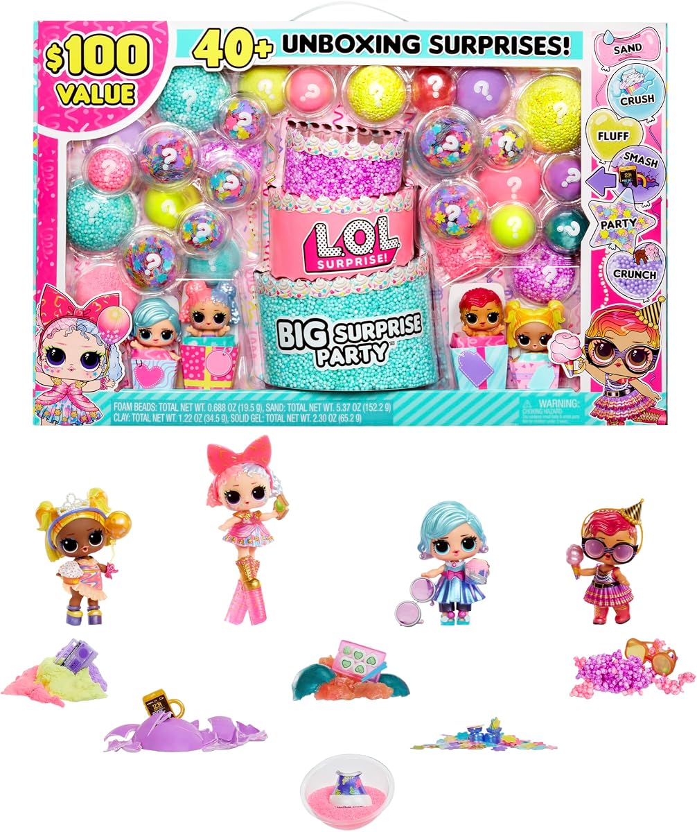 LOL Sorpresa Gran Fiesta Con 4 Muñecas Coleccionables, 40+ Sorpresas, 100 Valor, 6 Experiencias de Unboxing, Moda, Arena, Gel Crush, Shell Smash, Pelusa, Confeti de Fiesta, Cuentas Crujientes, Regalo para Niñas