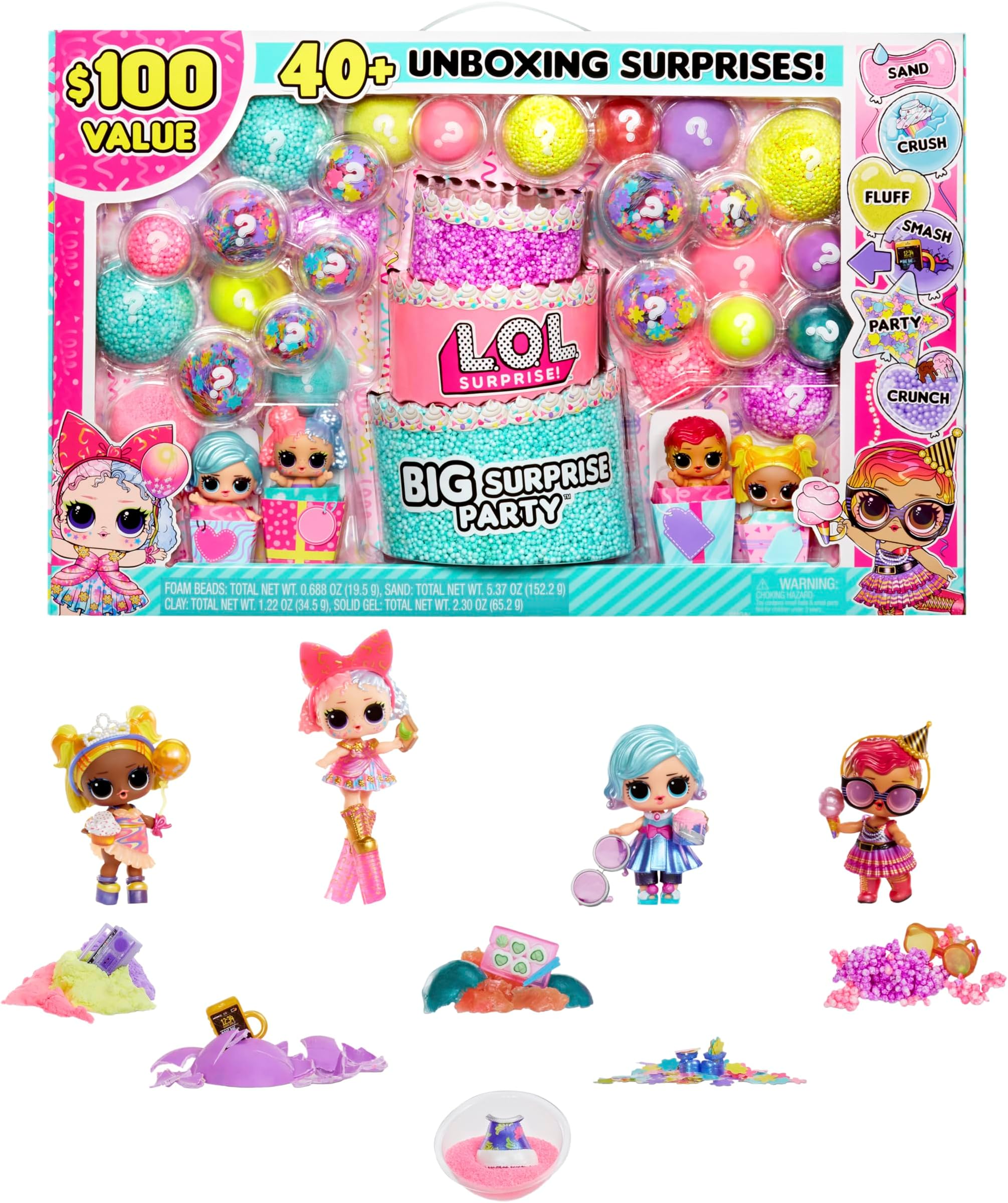 LOL Surprise Big Party With 4 Collectible Dolls, 40+ Surprises, 100 Value, 6 Unboxing Experiences, Fashions, Sand, Gel Crush, Shell Smash, Fluff, Party Confetti, Crunch Beads, Gift for Girls