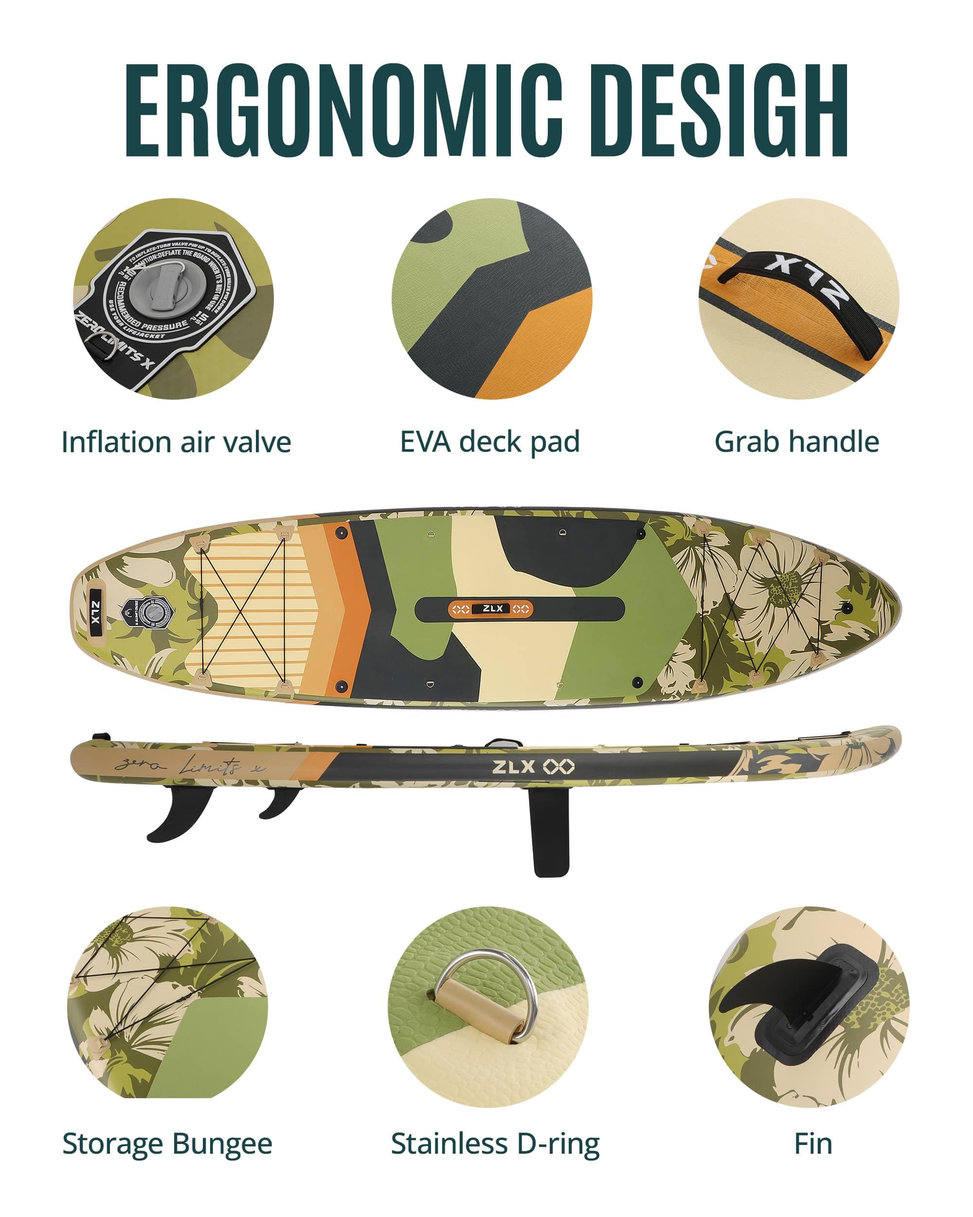 ZLX 350 CM Gonfiabile Stand Up Paddle Board Perfetto per tutti i livelli di abilità, adulti e giovani Ampio design stabile, copertura antiscivolo, pagaia regolabile, guinzaglio di sicurezza e borsa