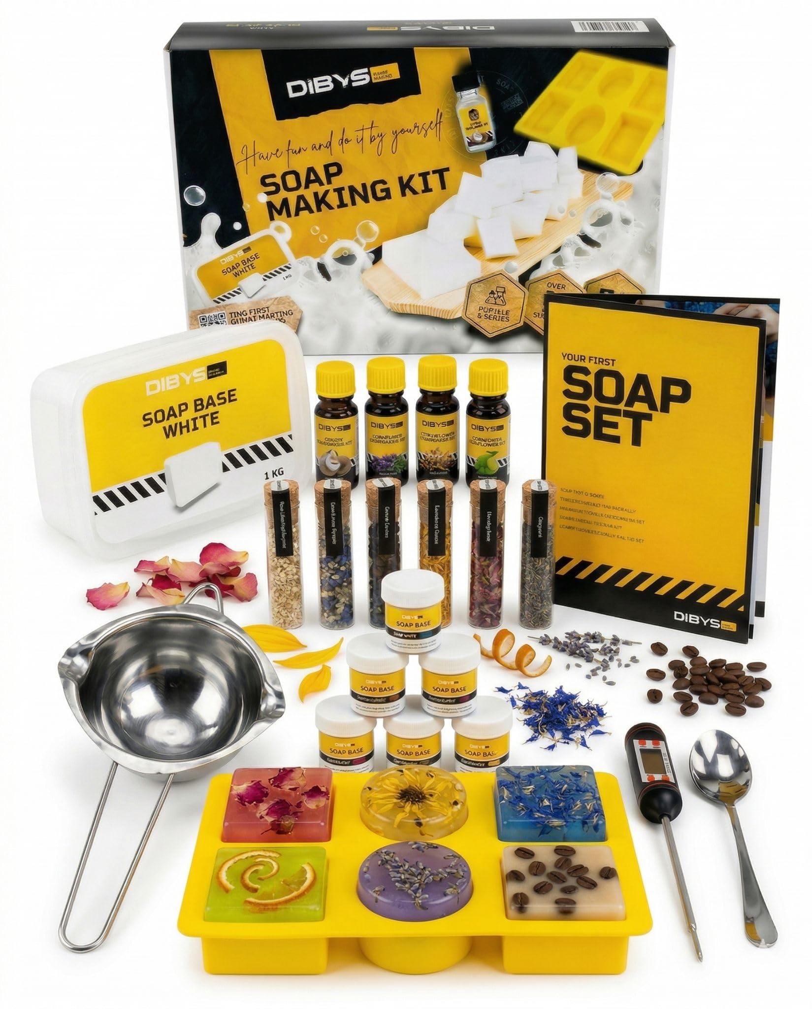 DIBYS Seife zum Selber Machen Set – DIY Seifen Set für Erwachsene mit Glycerinseife ohne SLS, Duftölen, Farben & Silikonform – Kreatives Bastelset & Besonder Geschenkidee Familie und Freunde
