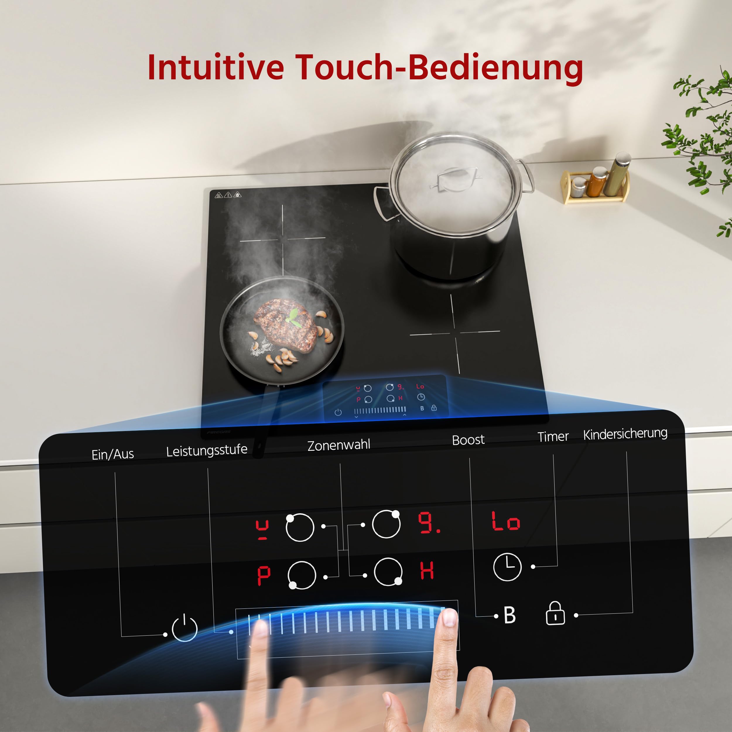 FIREGAS 7400W Einbau-Induktionskochfeld, 4 Kochzonen, 9 Leistungsstufen, Timer 1–99 Min, Boost-Funktion, Touch-Bedienung, Schwarz, 60 cm - 4