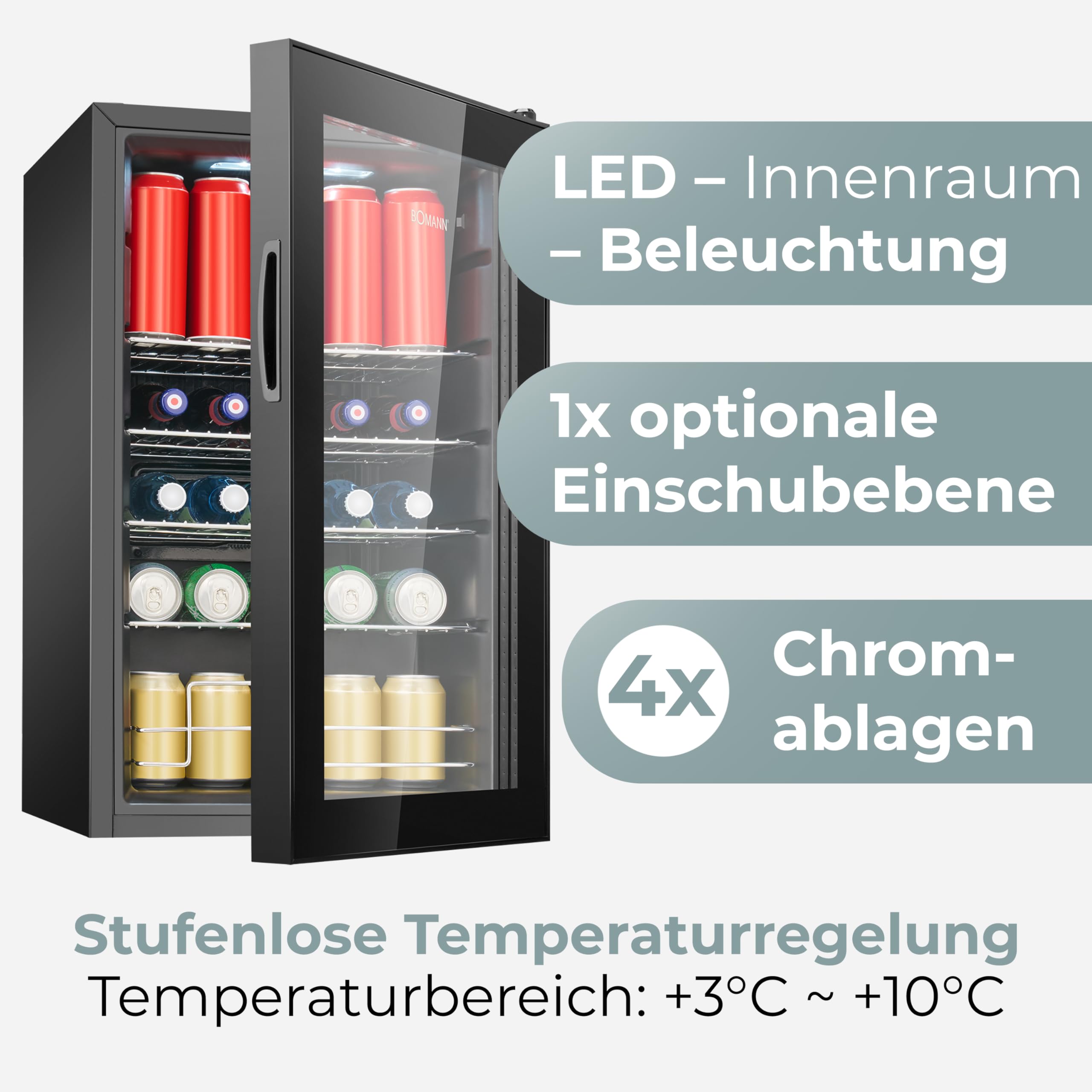 Bomann KSG 7515 Kühlschrank mit Glastür 63 L Flaschenkühlschrank Getränkekühlschrank LED-Beleuchtung leise