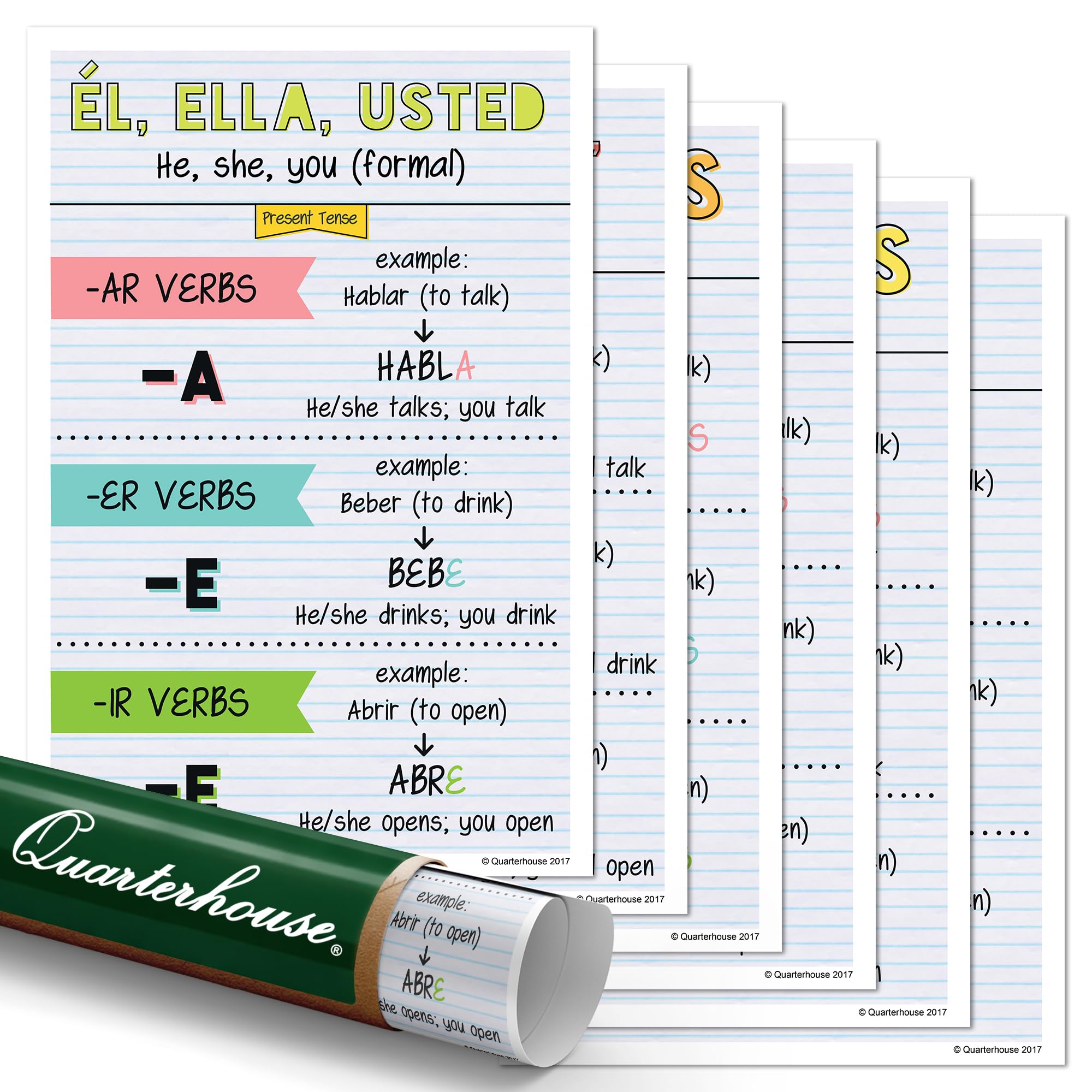 Quarterhouse 6 Poster Spanish Present-Tense Verb Conjugations (Light) Set, Spanish Classroom Learning Materials for Pre-K and K-12 Students and Teachers, 12 x 18 Inches, Made in USA