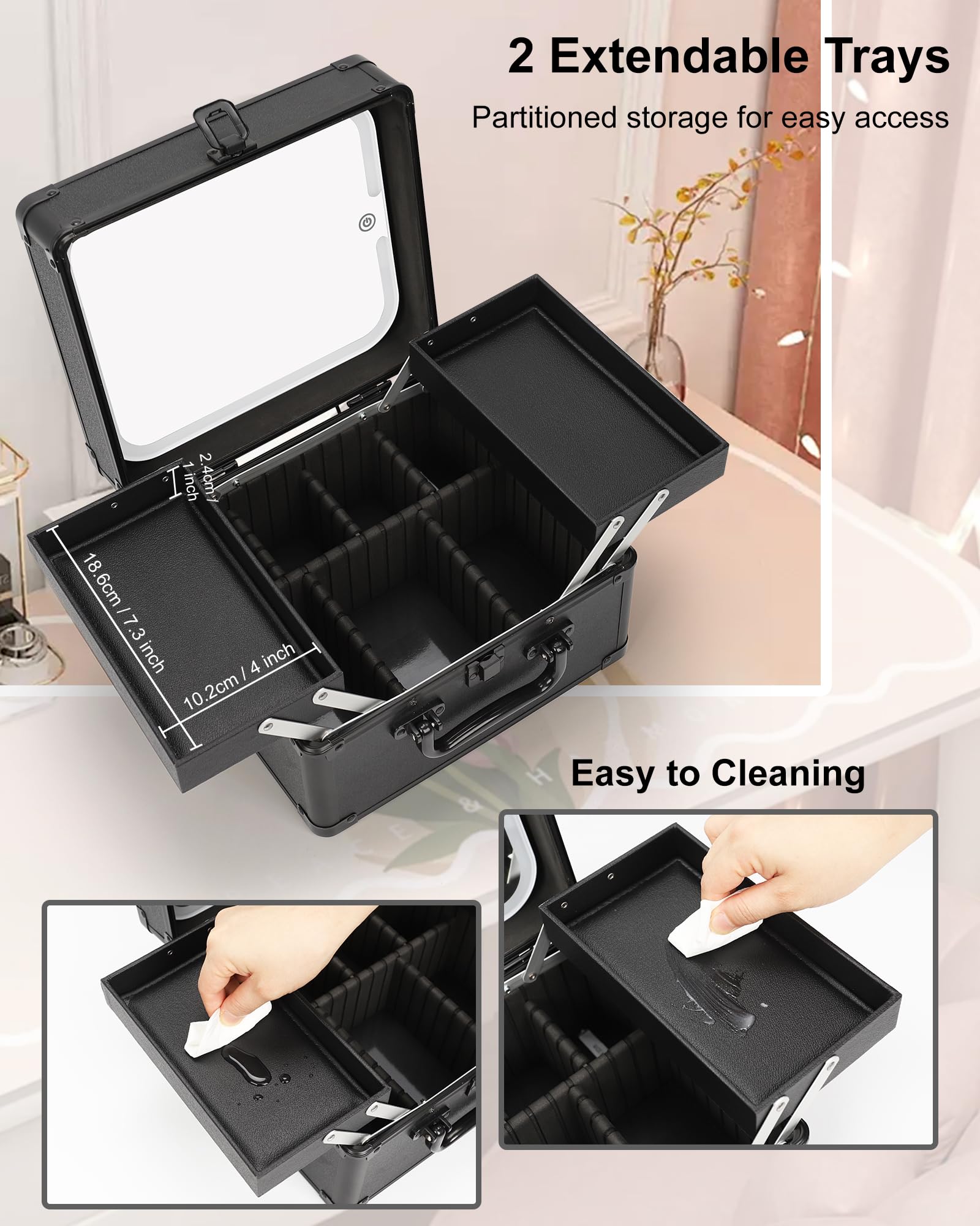 Chomeiu Make-up-Tasche mit Spiegel, Reise-Zugkoffer, großer Kosmetik-Organizer mit 2 Ablagen und Kosmetikspiegel mit LED-Lichtern, Pinselhalter, Aufbewahrungsbox, Koffer für Nagelsets, Kosmetik