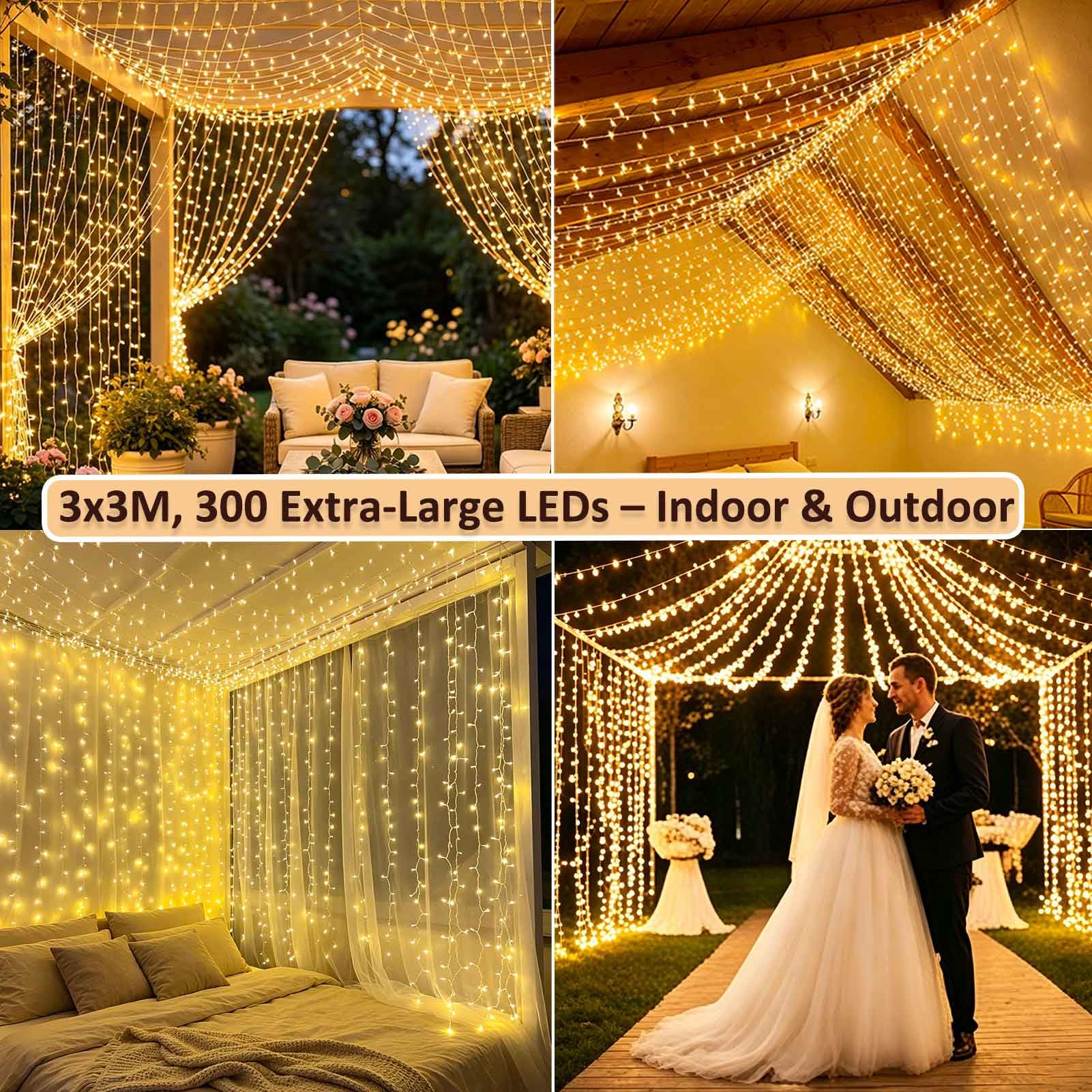 Cozymeow 2 Stück Lichtervorhang Innen Aussen 3x3m 300 LED Vorhang | 8 Modi mit Stecker, Wasserdicht Fenster Lichterkette Wand für Zimmer Balkon Hochzeit Party Terrassen Christmas Hochzeitsdeko