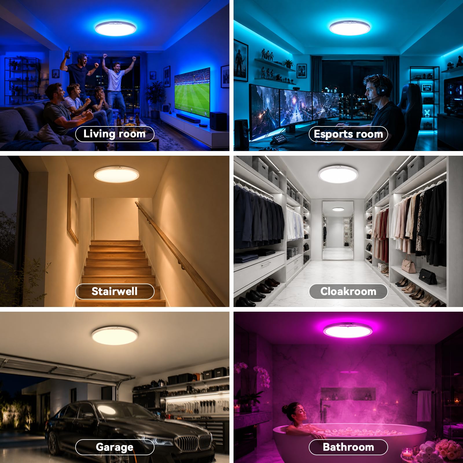 Lampe à batterie avec détecteur de mouvement 10 000 mAh, double source de lumière, 12 RVB arrière et 3 CCT Plafonnier super lumineux avec télécommande de 30 cm, minuteur, plafonnier rechargeable pour
