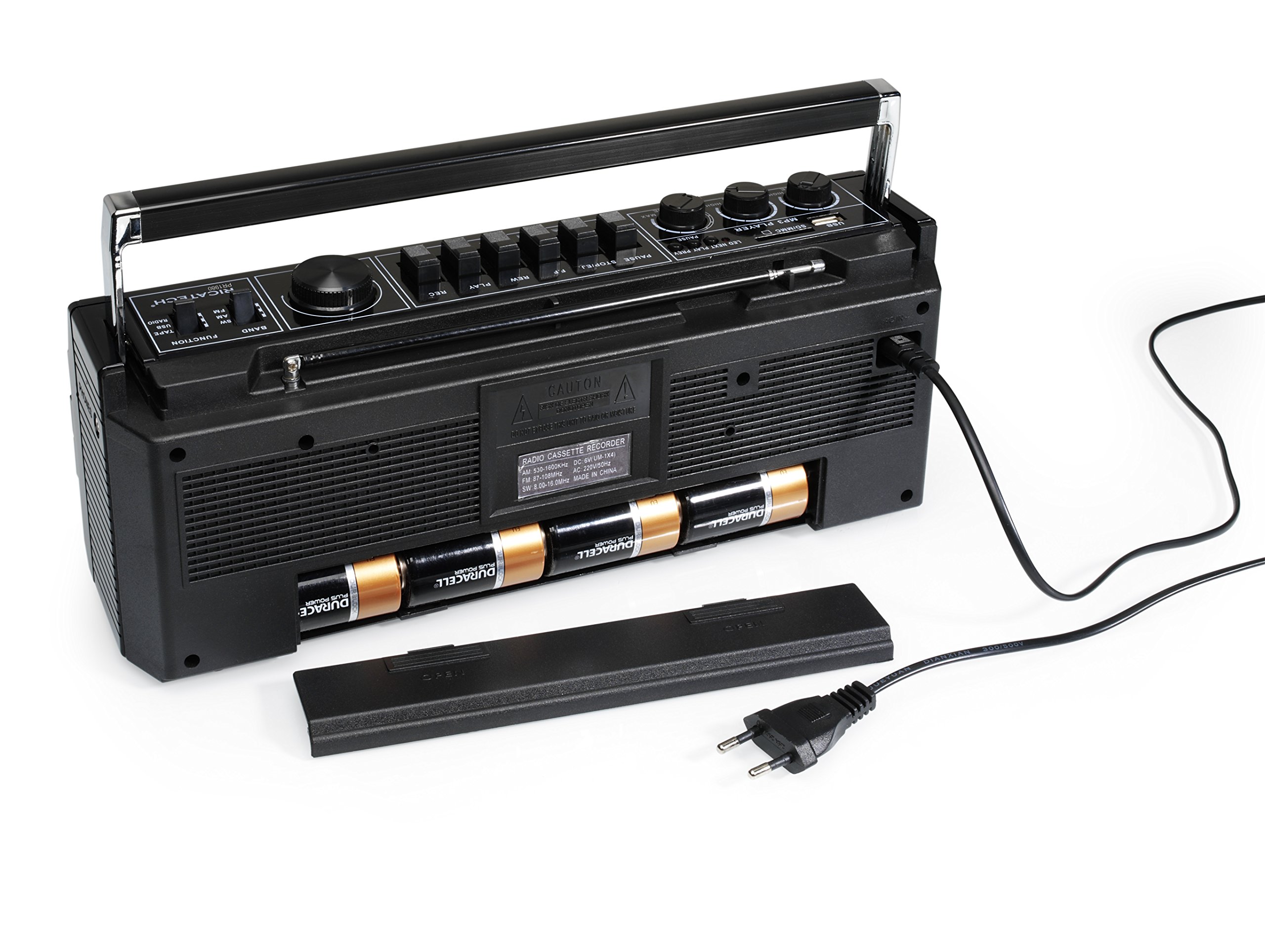 Ricatech PR 1980 reproductor de potencia, radiocasetera, casete, reproductor de cintas, radio AM, FM, SO 3 bandas sonoras, admite tarjetas USB y SD, Negro