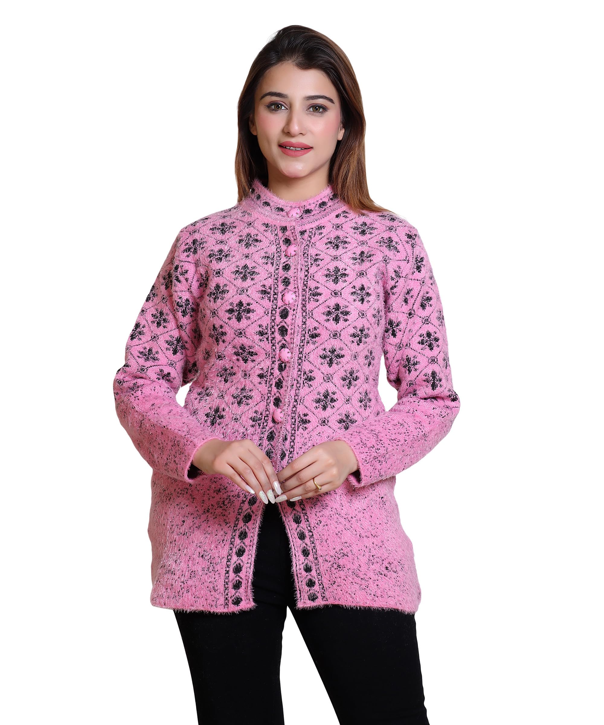 grand line Women's Woolen/Acyrlic Winter Wear Warm Full Sleeve Knitted Cardigan/Sweaters Hair Yarn Cardigan | Size Suitable for M and L | Red-picture-28