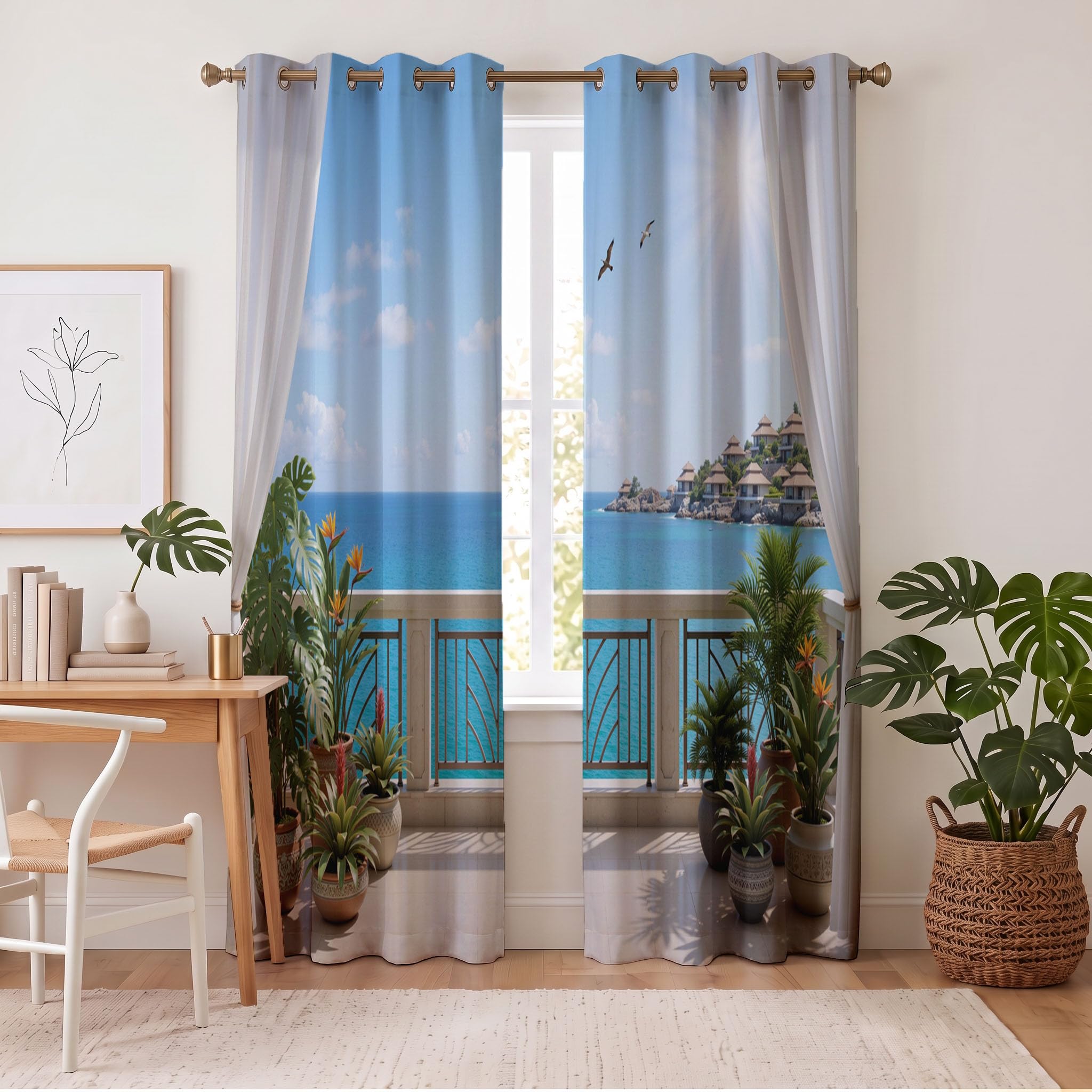 Tende Oscuranti Paesaggio Urbano Costiero Blu Per Camera Da Letto | Tenda Morbida Termiche Isolantibalcone Moderno In Stile Nordico Interni Soggiorno 2 Pezzi Con Occhielli, 140Lx220A Cm