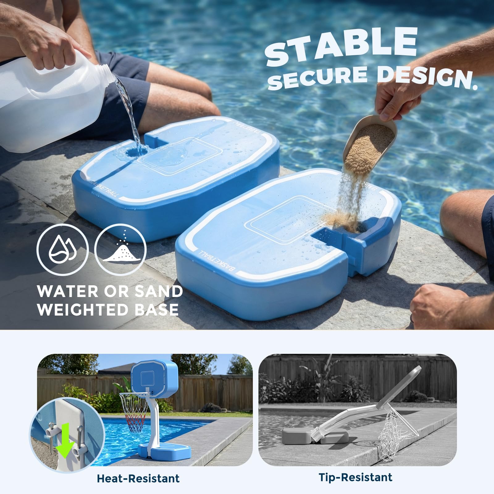 Rete da pallavolo da piscina e canestro da basket 2 in 1, rete da pallavolo per piscine interrate, canestro da basket a bordo piscina con base e supporto, include 3 palline/2 base/pompa, giochi estivi