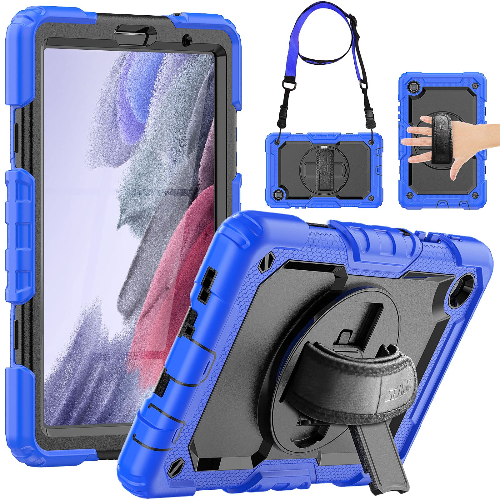 SEYMACfor Samsung Galaxy Tab A7 Lite Case 8.7" (SM-T220/ T225/ T227), Heavy Duty Full-Body Shockproof Protective Case with Screen Protector, Rotating Stand, Hand/Shoulder Strap, Blue