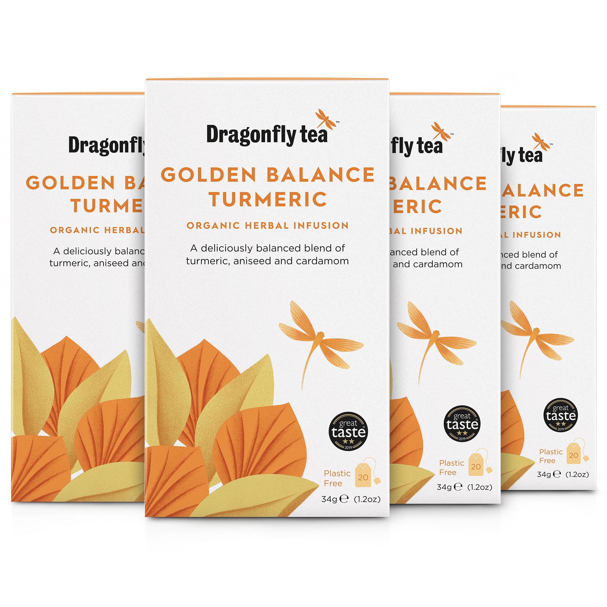 Dragonfly Golden Balance Turmeric Tea - Pack of 4 x 20 Organic Tea Bags (80 Teabags) - Herbal, Detox & Immune Support - Caffeine-Free, Compostable