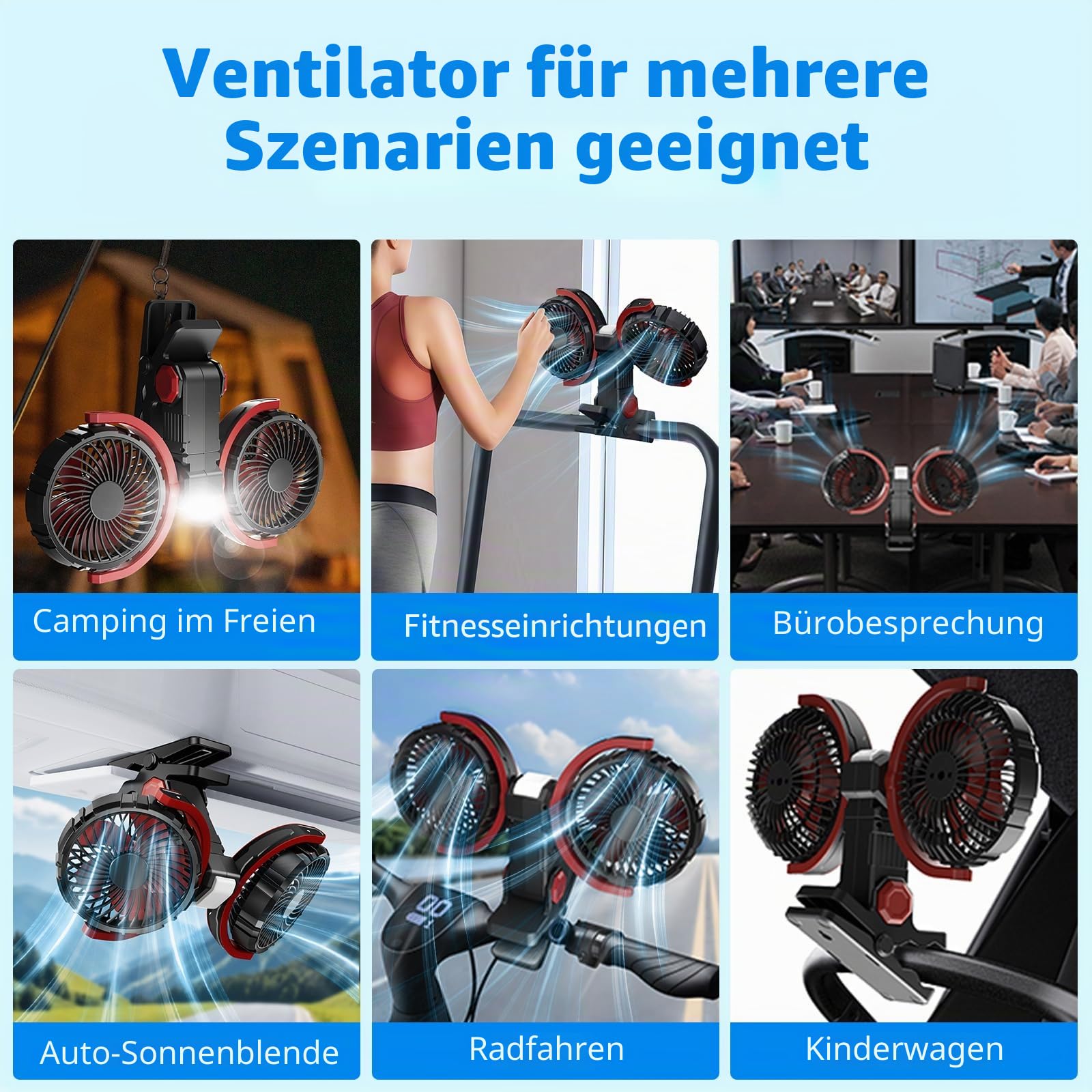 Clip Ventilator Akku mit Licht, USB C Aufladbar Leise Fan Doppelkopf Wandventilator,Stark Lufter Klemmbar für Büro, Bett,Schlafzimmer, Auto, Wohnmobil(Tiefschwarz)