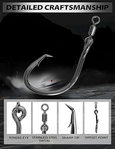 Miniatura 10 de BLUEWING Gancho circular de gran espacio de 25 ganchos de pesca de acero de alto carbono, ganchos de pesca extra afilados para pesca en agua dulce