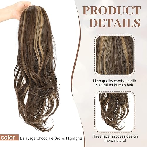 Miniatura 6 de KooKaStyle Extensiones de cola de caballo, balayage, color marrón chocolate con reflejos, cordón largo, ondulado, clip, extensiones de cabello