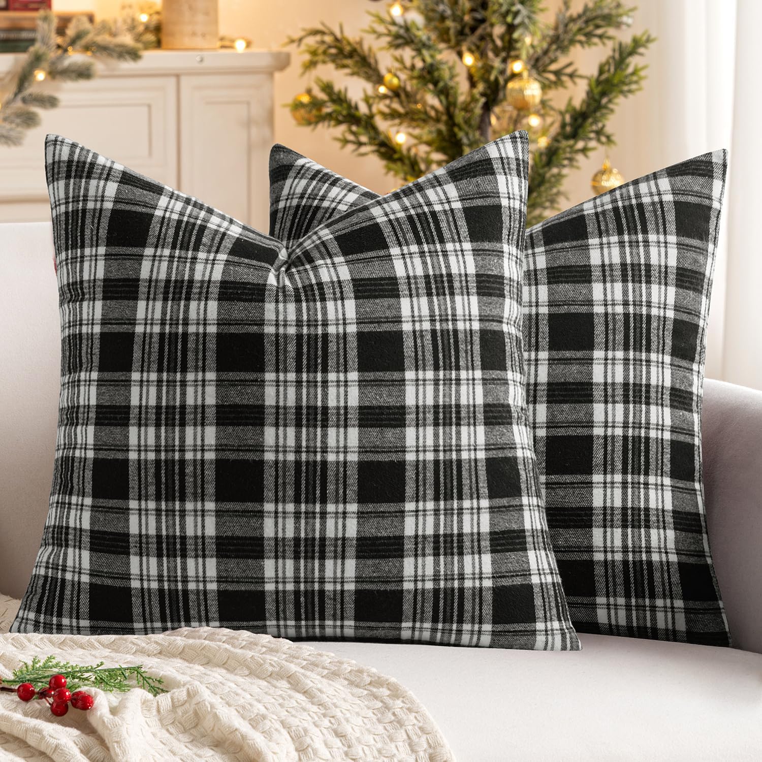 miulee fall set of 2 scottish tartan plaid throw pillow covers farmhouse classic decorative outdoor square cushion cases for halloween thanksgiving decor sofa couch 16x16 inch, black and white 16" x 16" (pack of 2) black and white 2