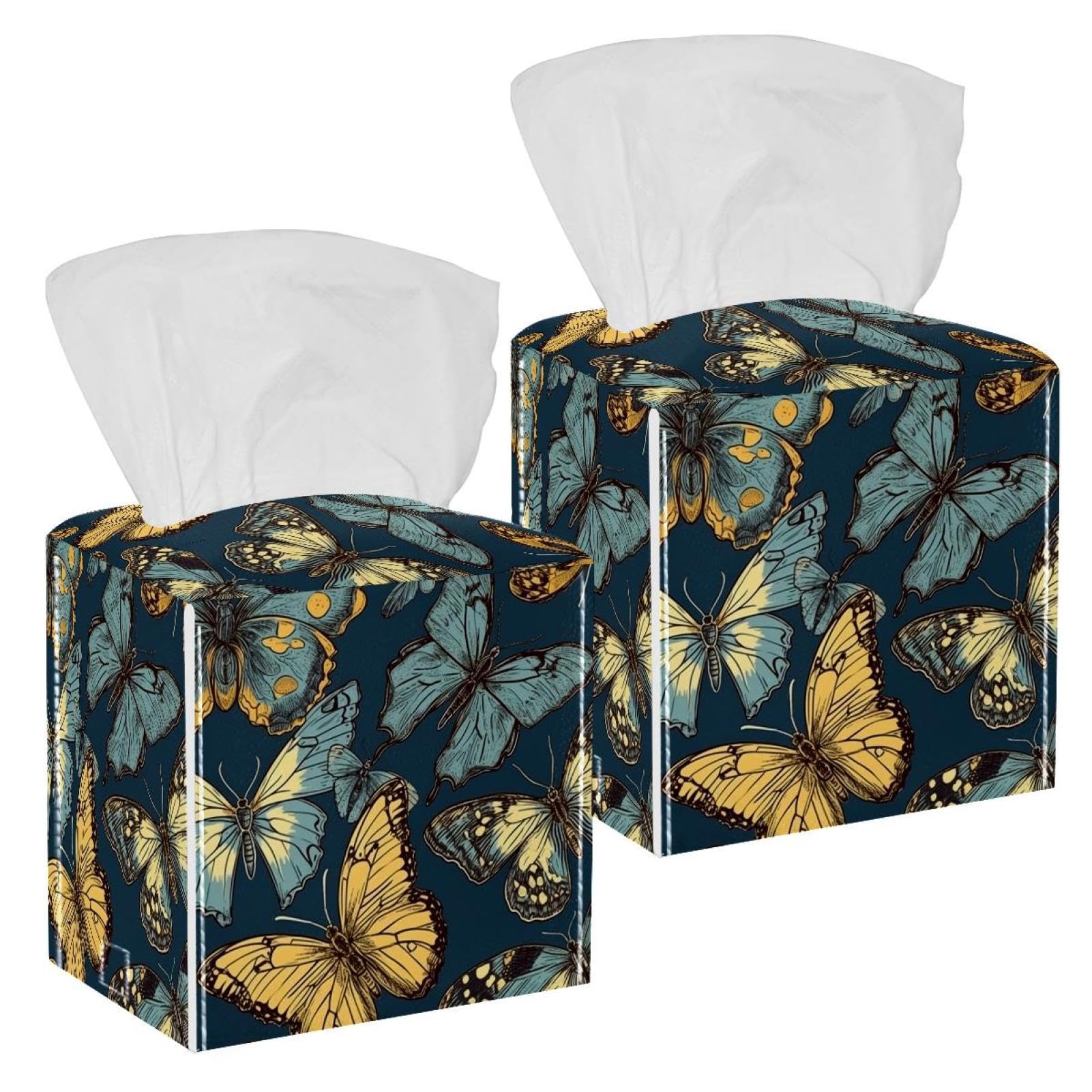 Butterfly Tissue Box Cover, 2 Pack PU Leather Square Facial Tissue Dispenser Box holder for Home Office Car