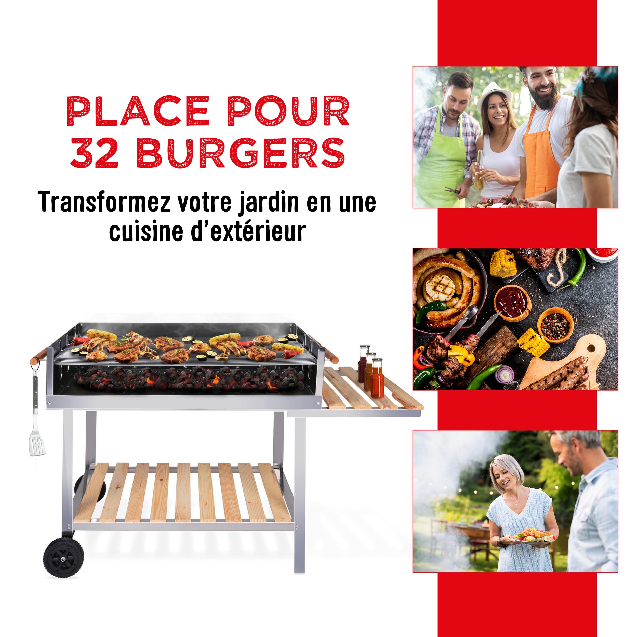 BBQ Collection Barbecue à Charbon de Bois Grande Taille - Grille avec Roues - Barbecue Bois 2 Grilles - 98 x 56 x 85 cm - Fumoir Jardin