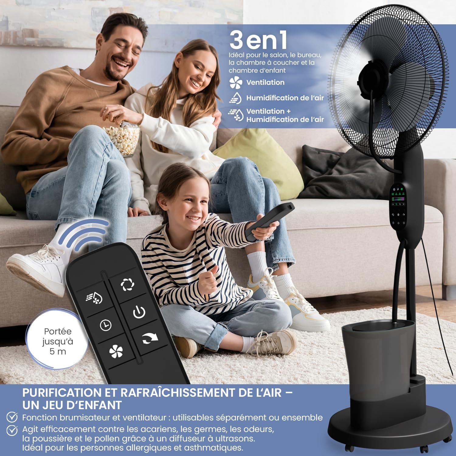 Ventilateur avec refroidissement par eau, ventilateur sur pied très silencieux avec télécommande, refroidisseur d'air avec fonction minuterie, trois vitesses, fonction pivotante et inclinable