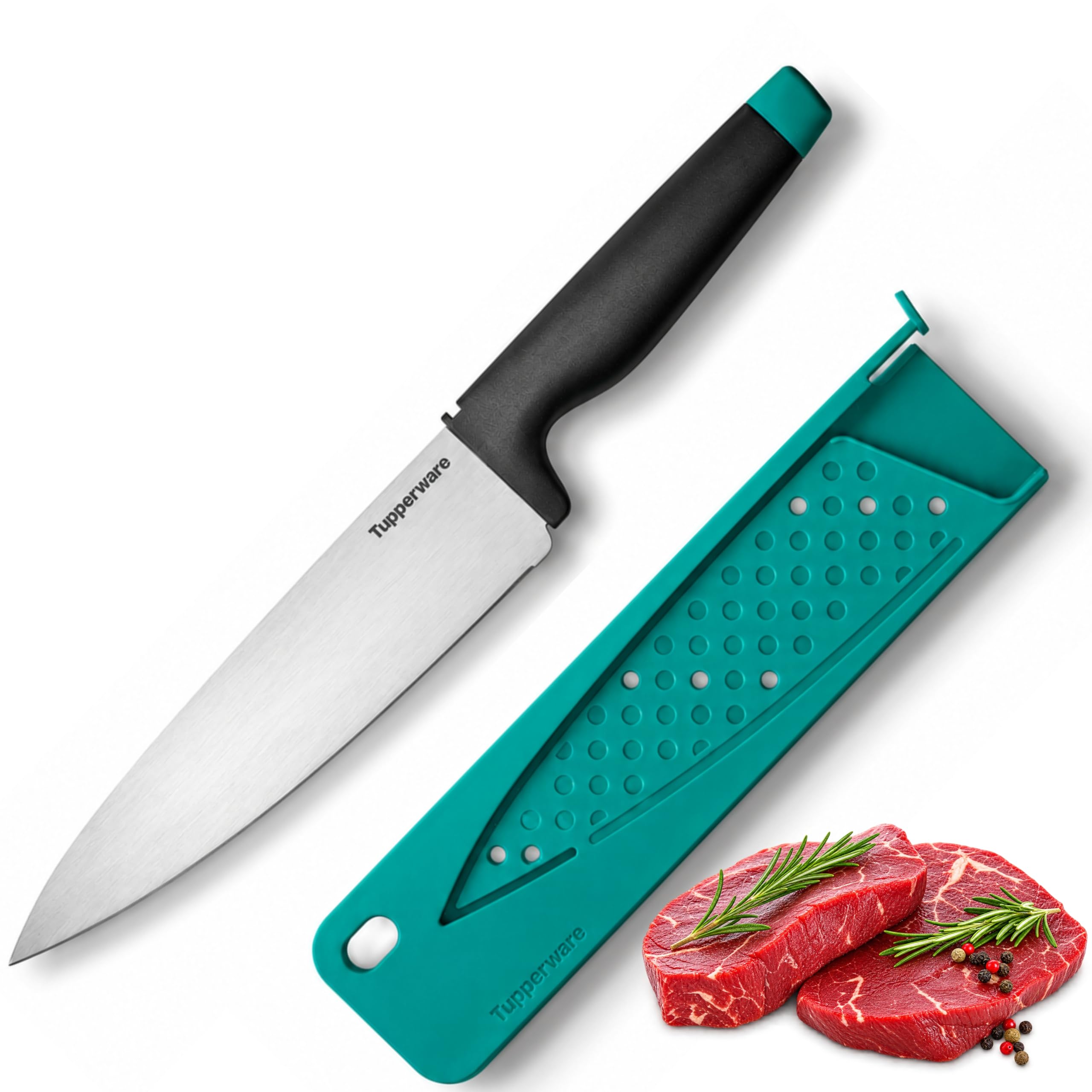 Tupperware Couteau du Chef avec Étui - Lame Acier Inoxydable Japonais 19 cm - Découpe Polyvalente Viande Légumes - Fourreau Sécurisé Smart Lock - Manche Ergonomique - Tranchant Excellence Durable