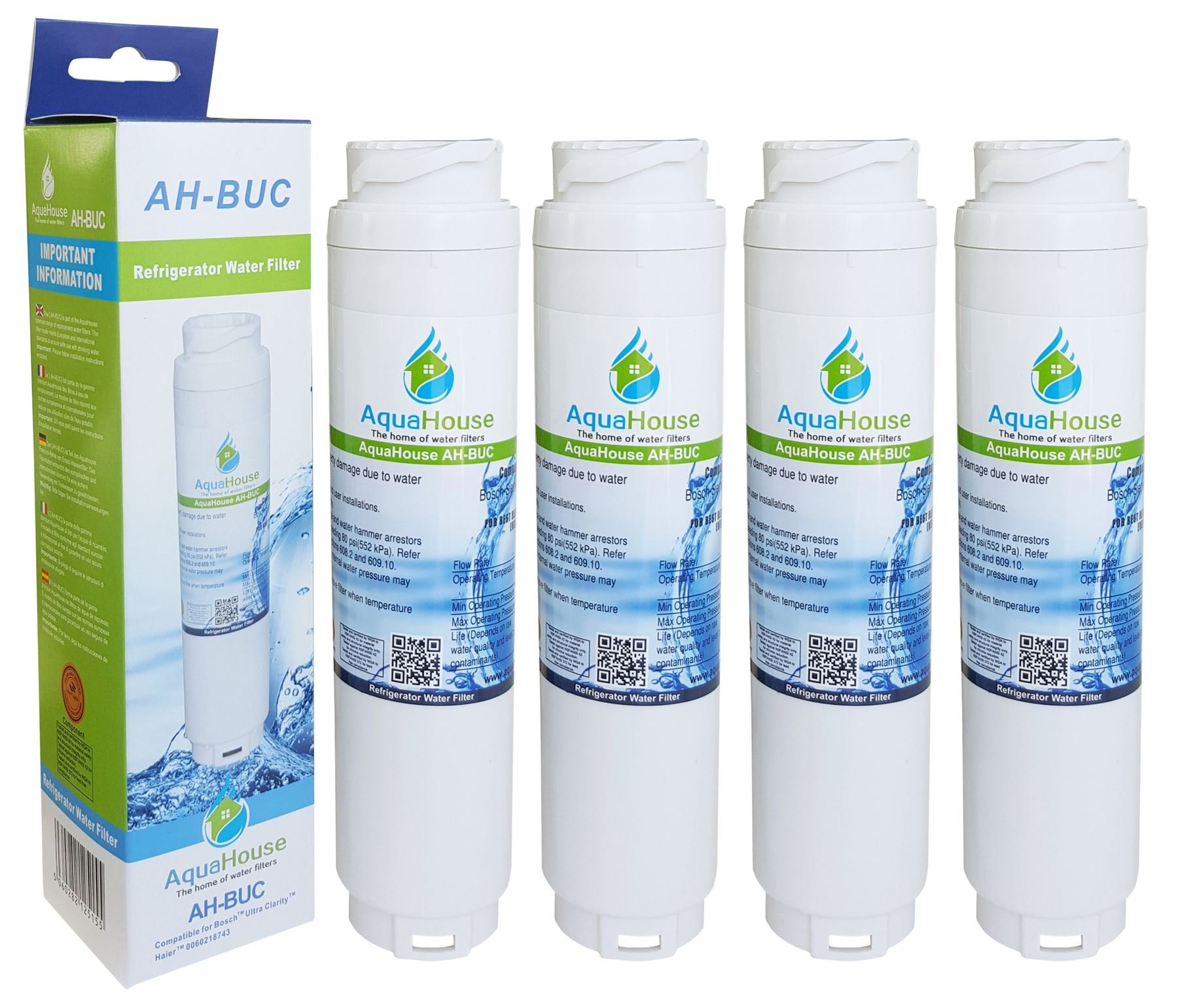 4x AquaHouse AH-BUC compatible para Rangemaster Serie DXD refrigerador 9016, Haier filtro de agua 0060218743