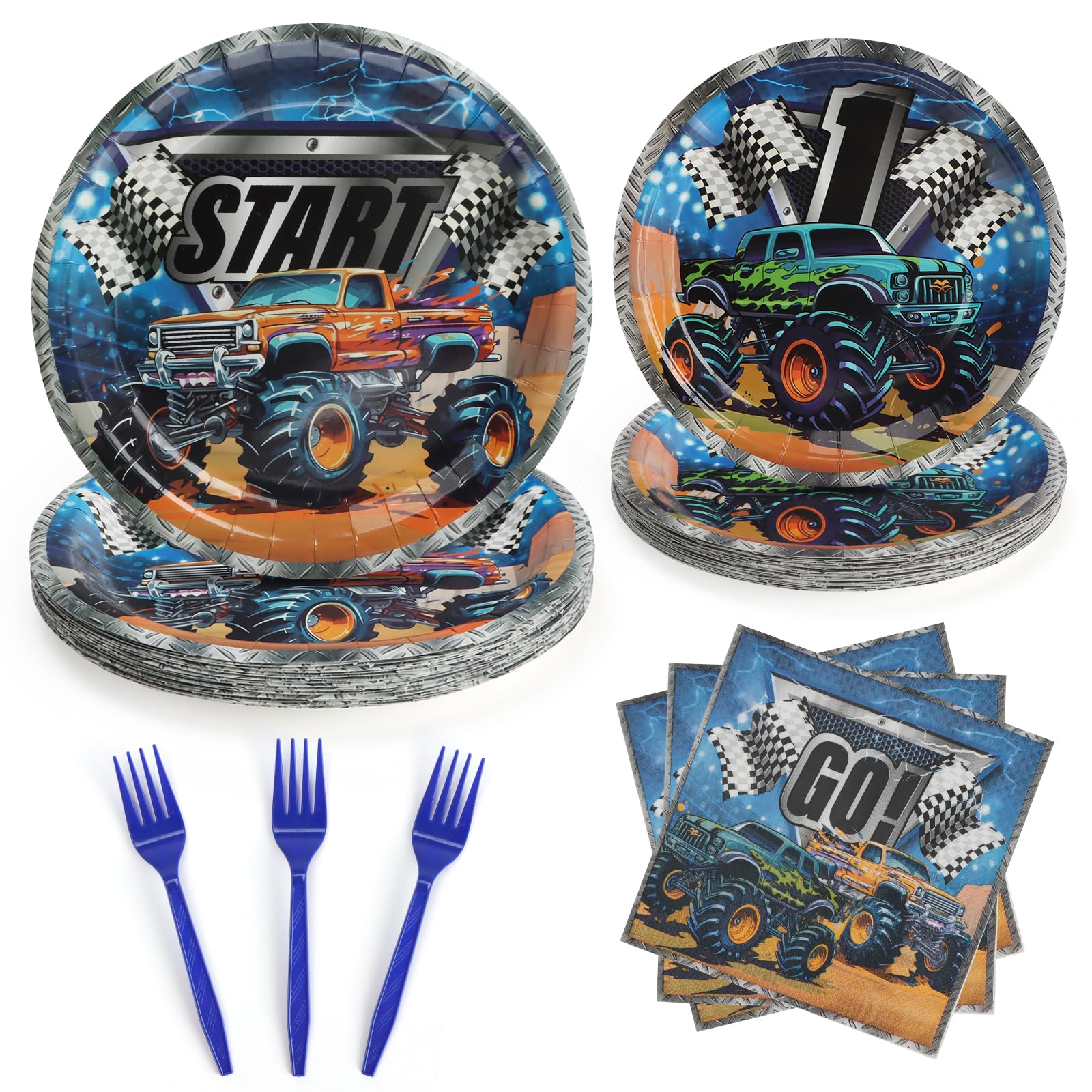 UVTQSSP 96 Pcs Party Plates, Monster Truck Paper Plates and Napkins Party Supplies for Monster Trcuck Theme Birthday for Kids, Disposable Tableware