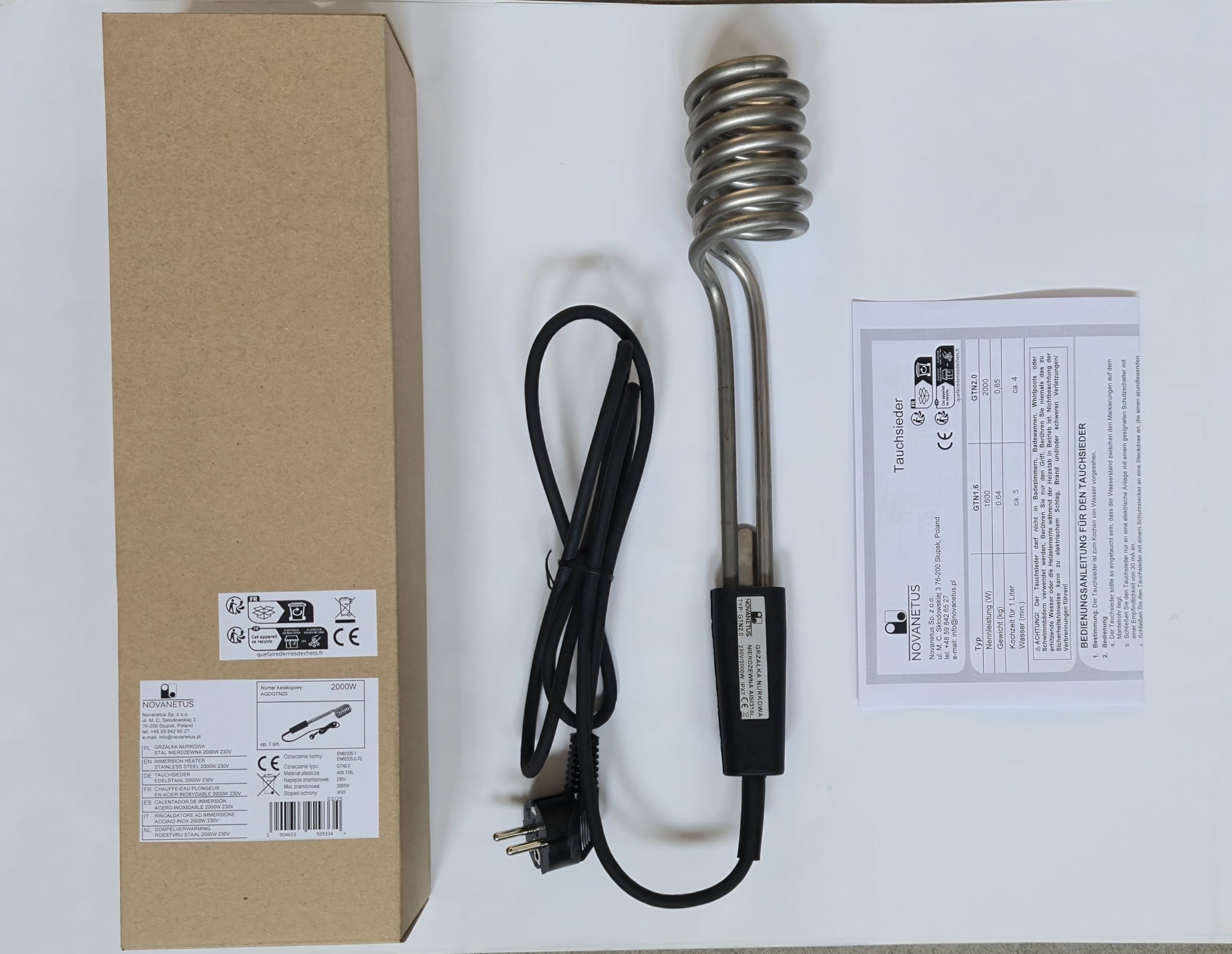 GTN2.0 Chauffe-plongeur à immersion en ACIER INOXYDABLE 2,0 kW 2000W 230V, Thermoplongeur électrique, Noir